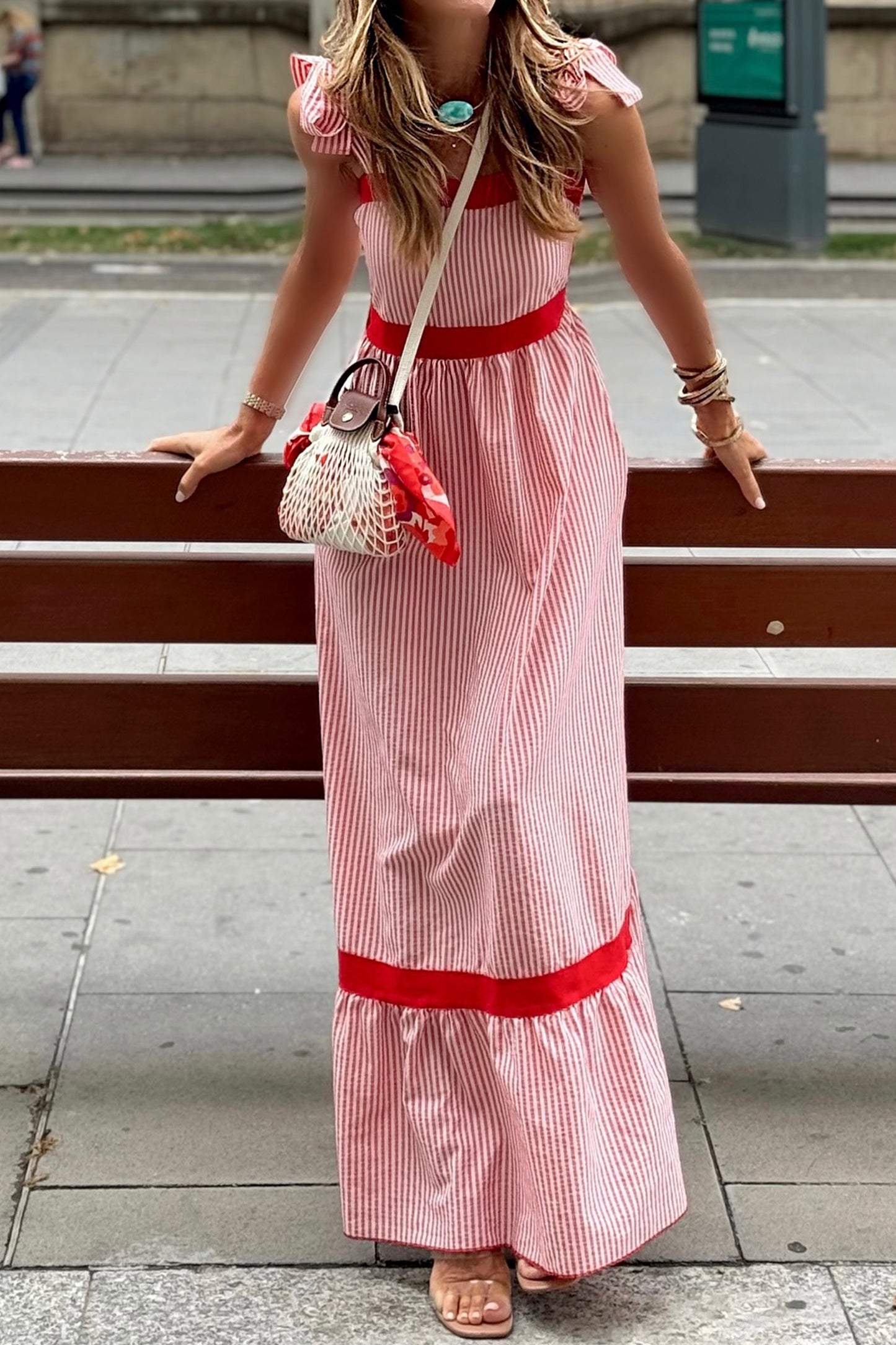 Red Stripe Bow Knot Straps Contrast Trim High Waist Ruffle Hem Maxi Dress