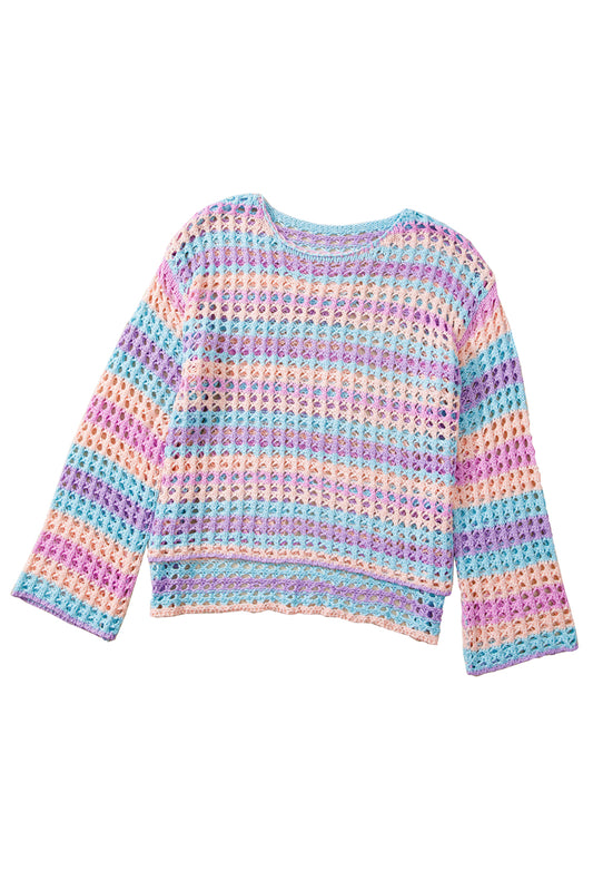 Purple Striped Hollow Knit Summer Beach Cover Up