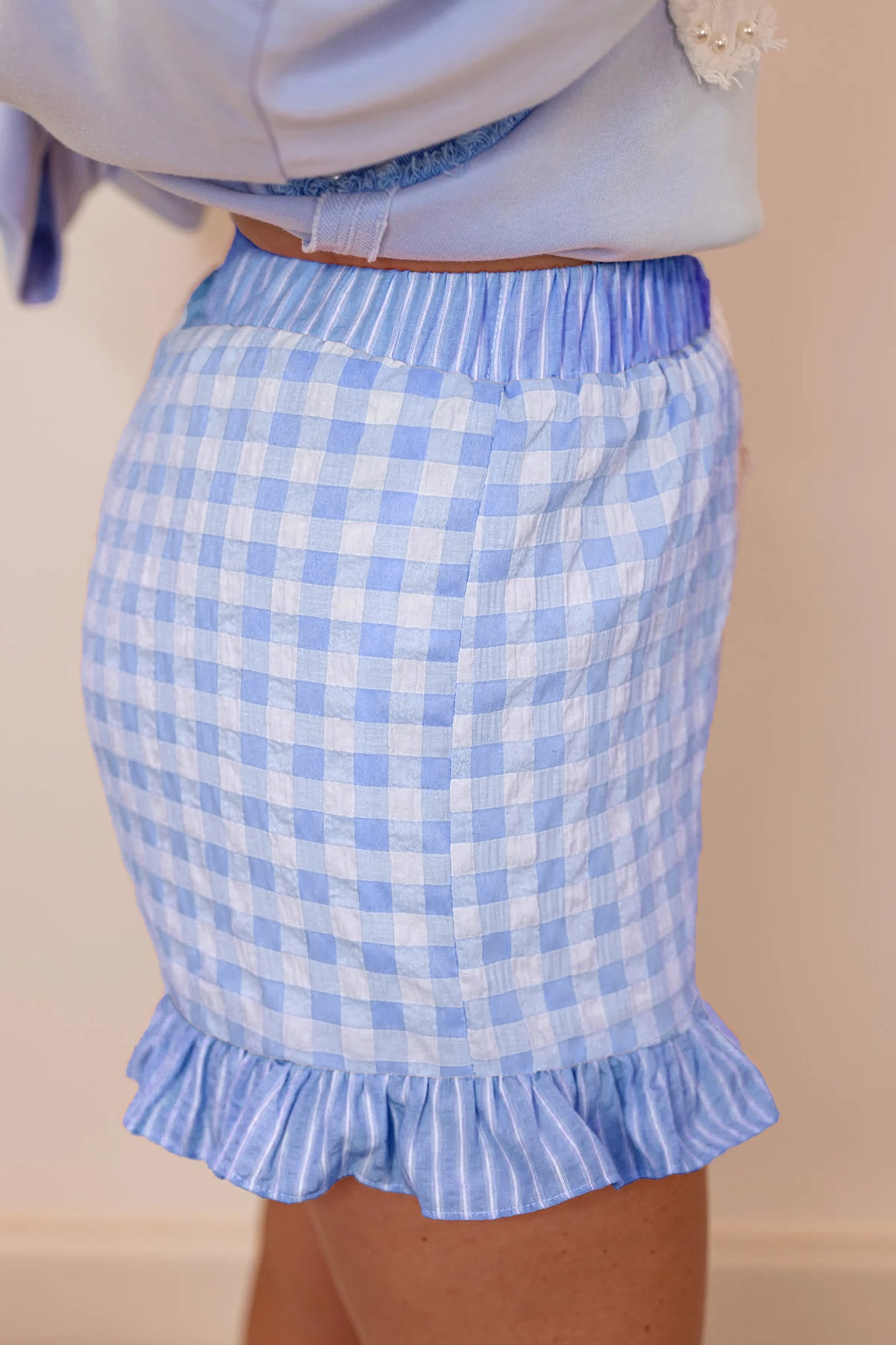 Red Gingham Print Ruffle Striped Detail Lace Tie Shorts