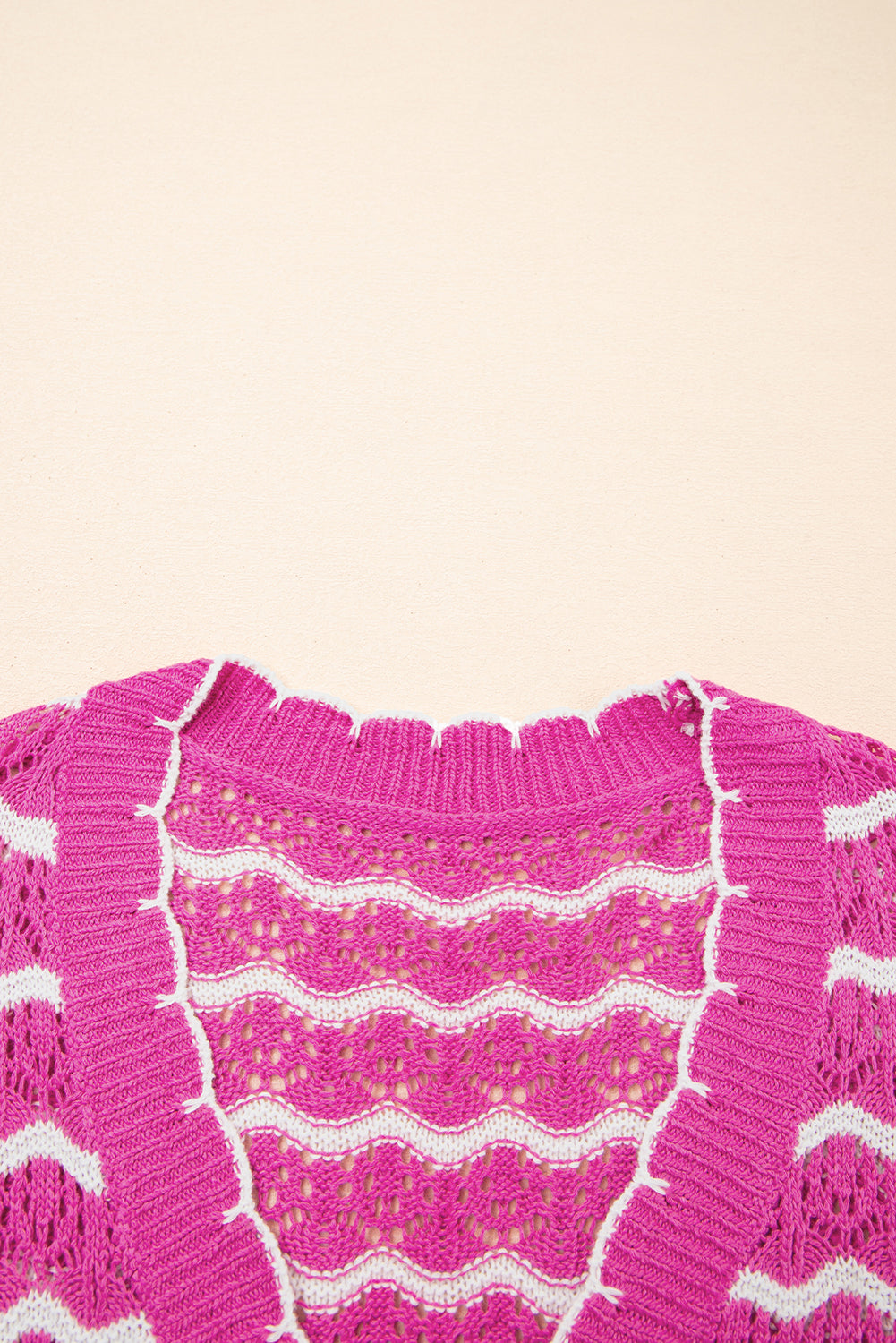 Pink Striped Scalloped Trim Tie Front Cropped Knit Cardigan