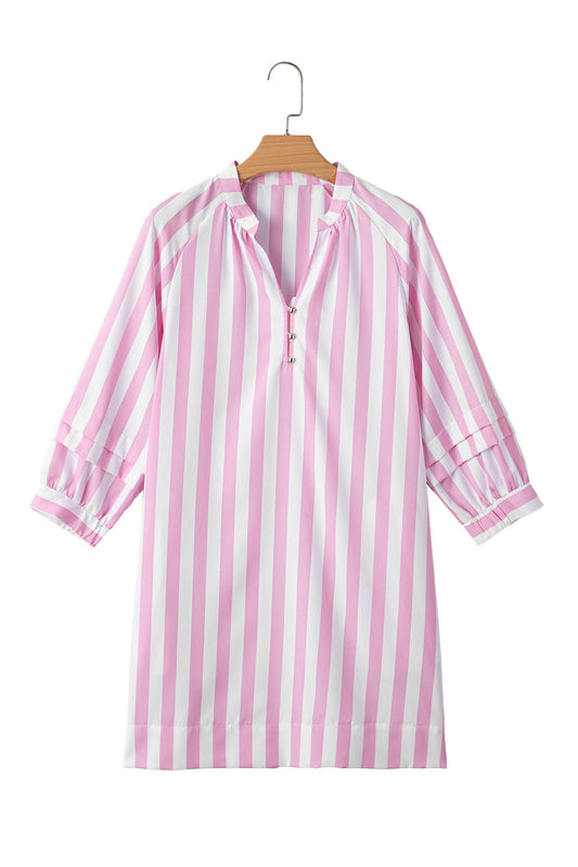 Rose Striped Long Sleeve Buttons Loose Mini Dress