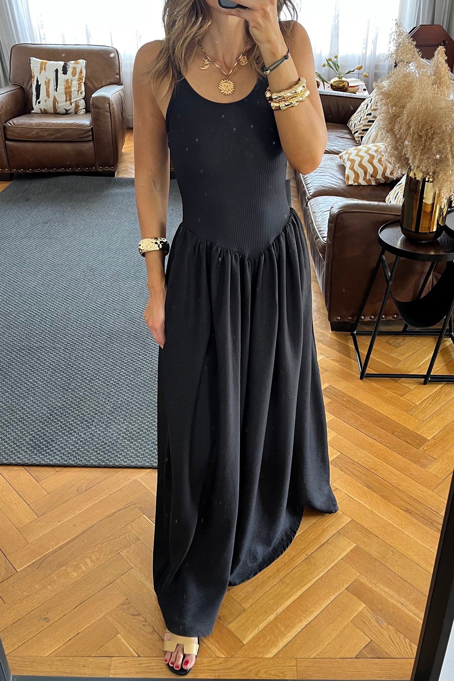 Black Spaghetti Straps Drop Waist Ribbed Patchwork Maxi Dress