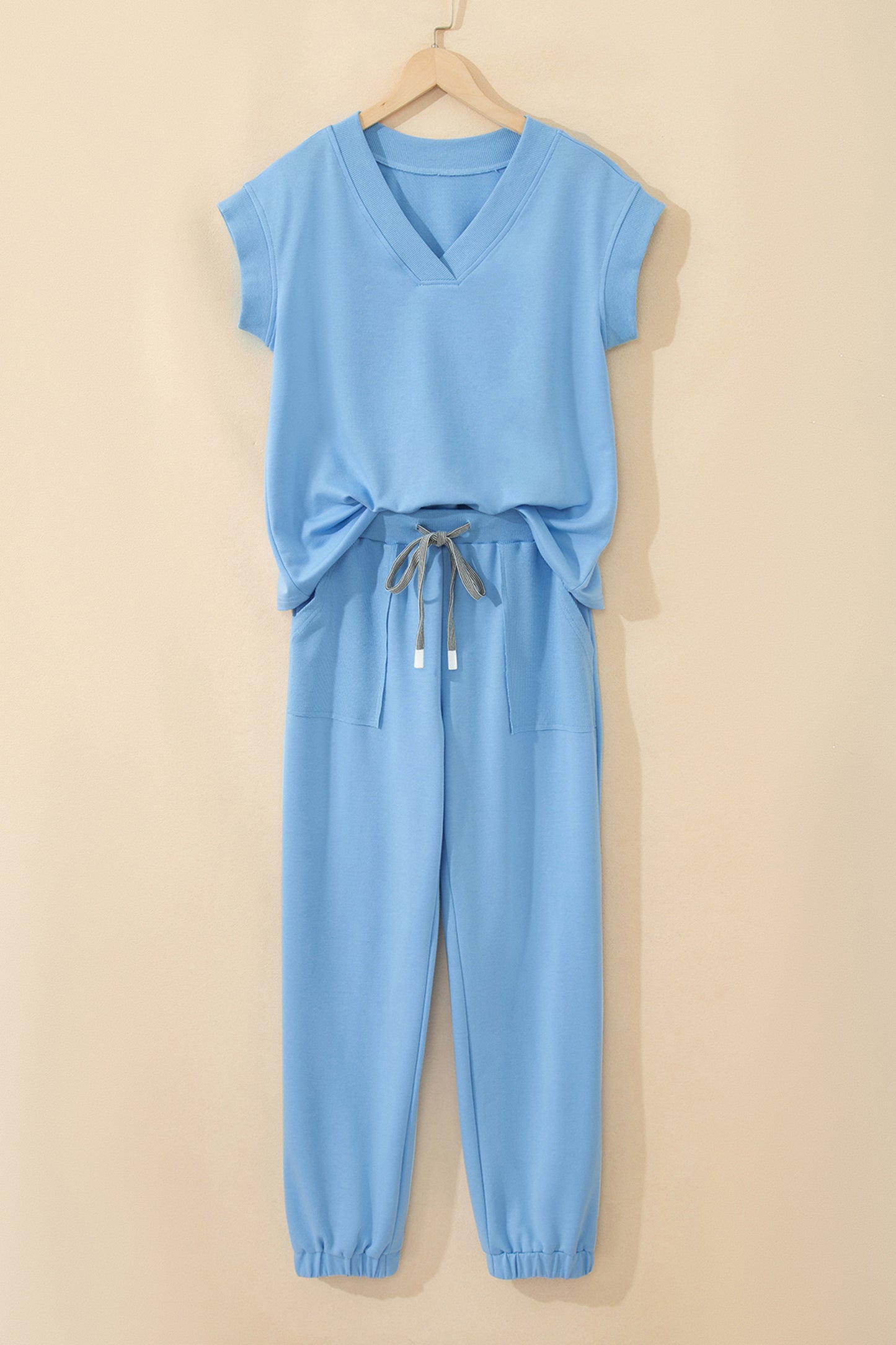 Beau Blue Solid Color V Neck Tee Drawstring Pant Set