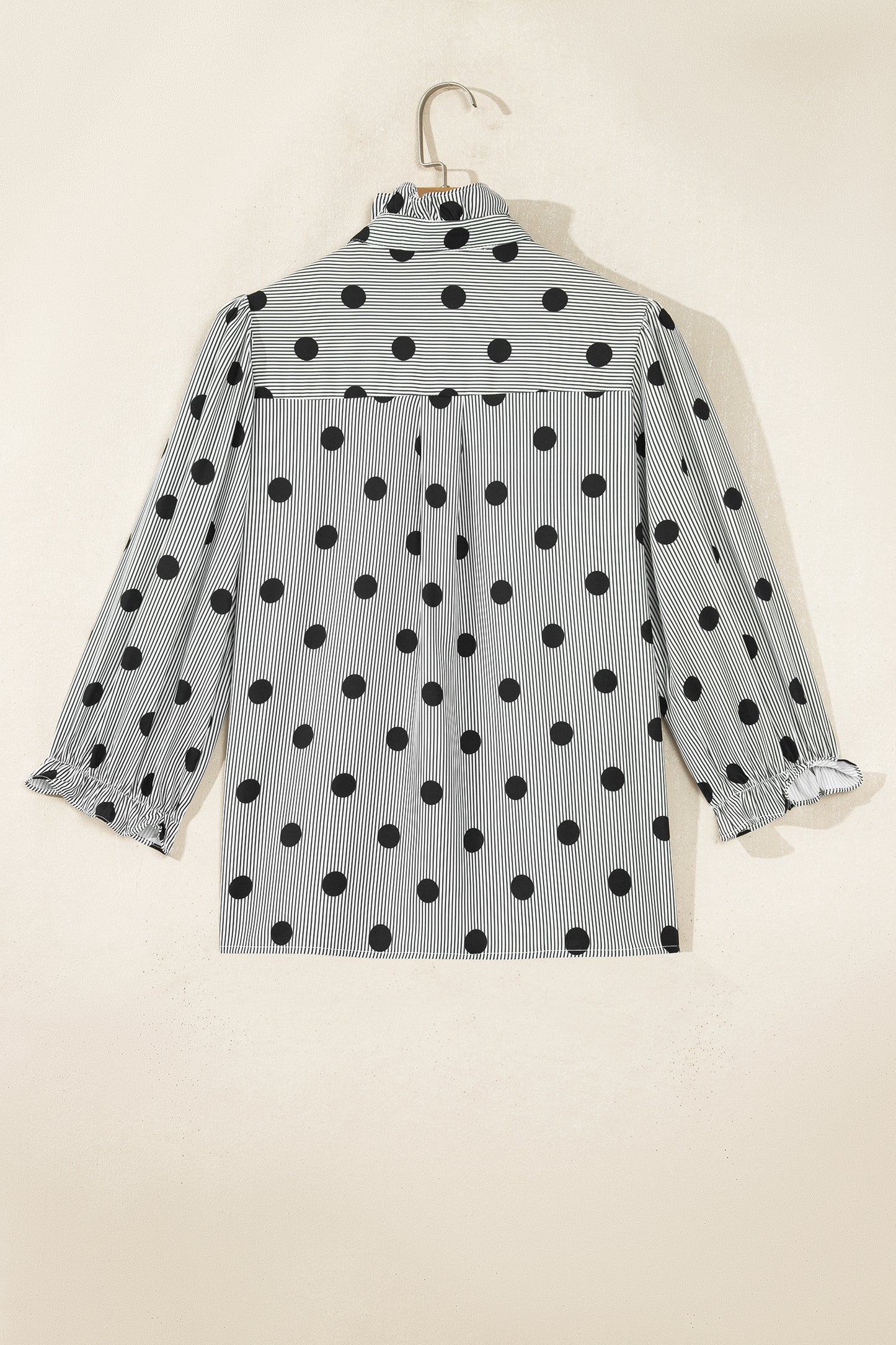Black white Polka Dot Striped Print Ruffle Stand Neck 3/4 Sleeve Shift Shirt