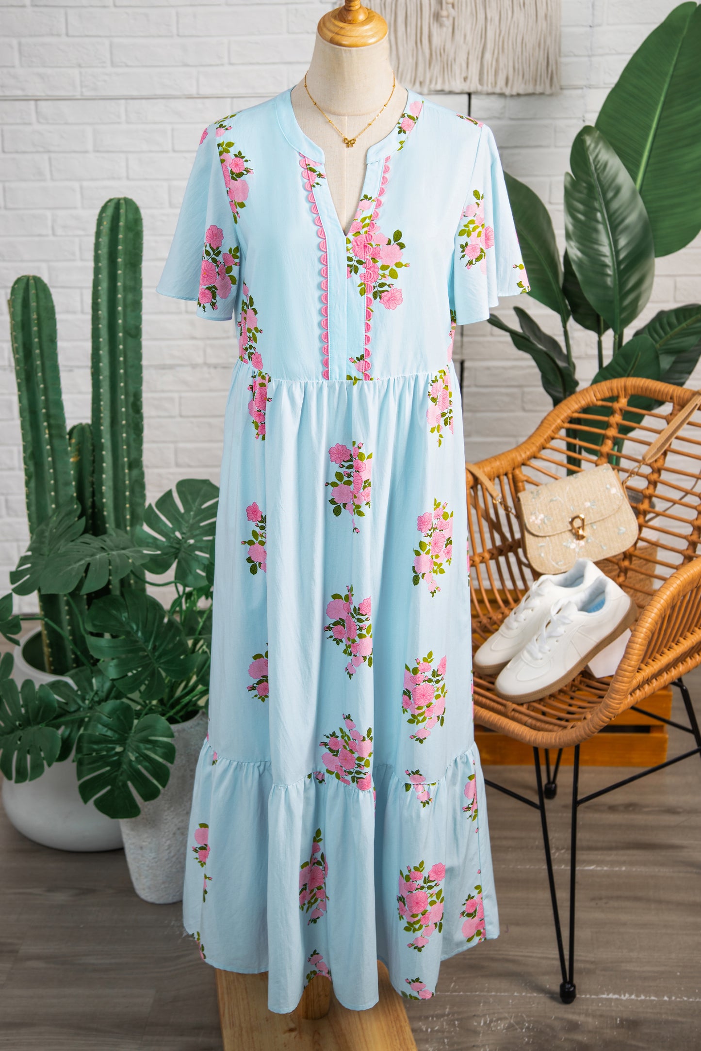 Pink Notched Neck Flutter Short Sleeve Floral Print Maxi Dress