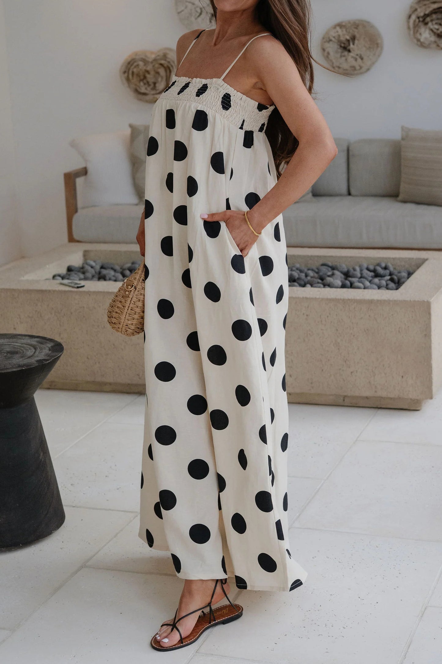 White Polka Dot Spaghetti Straps Maxi Dress