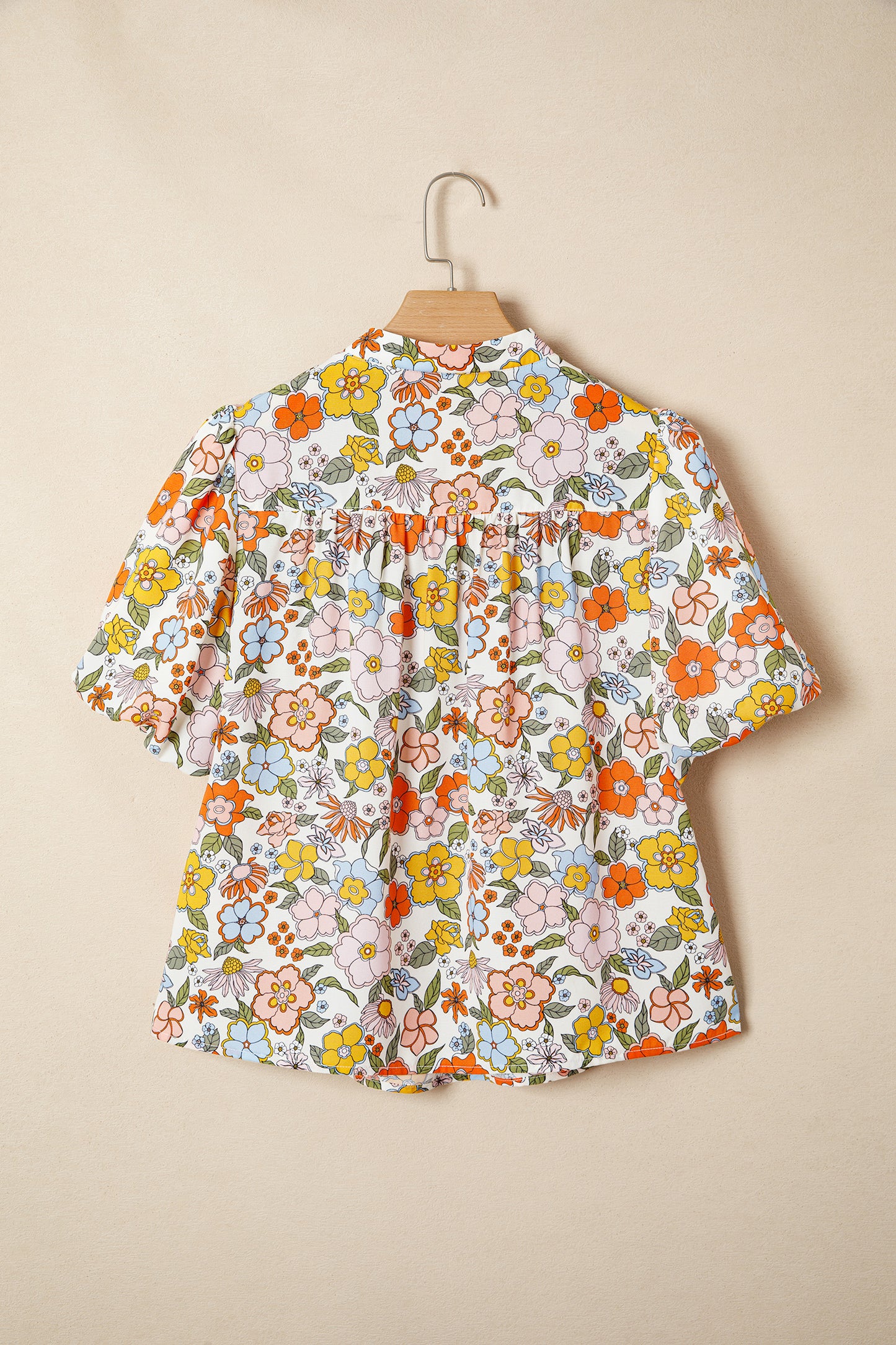 Multicolour Crochet V Neckline Puff Sleeve Boho Flower Blouse
