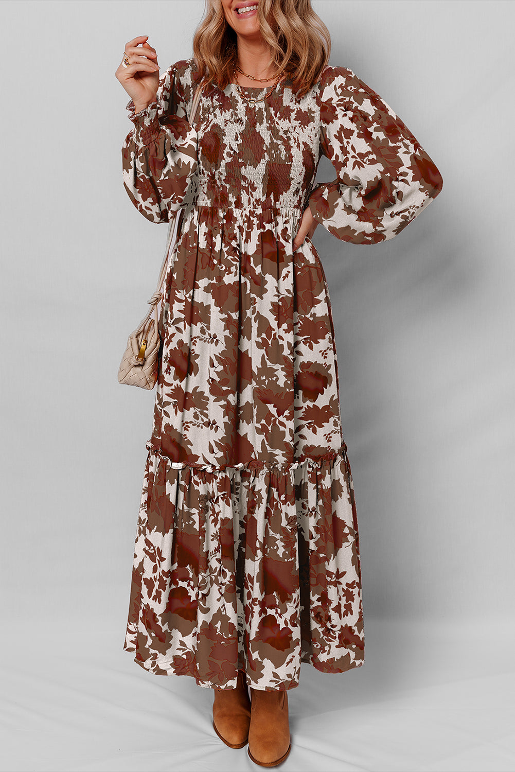 Orange Floral Puff Sleeve Smocked Bodice Ruffled Long Dress