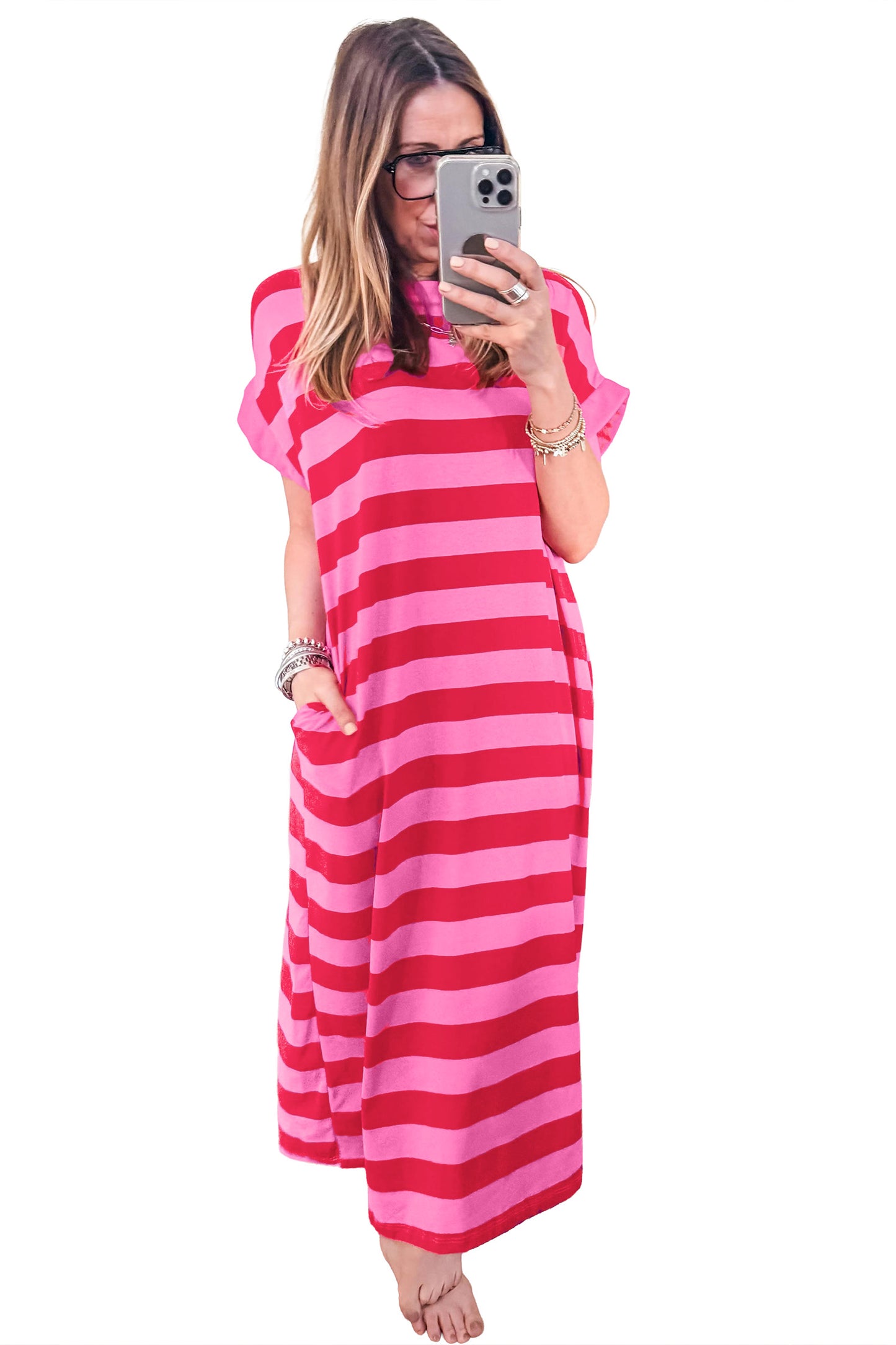 Orange Stripe Cuffed Short Sleeve Pocketed Casual T Shirt Long Dress