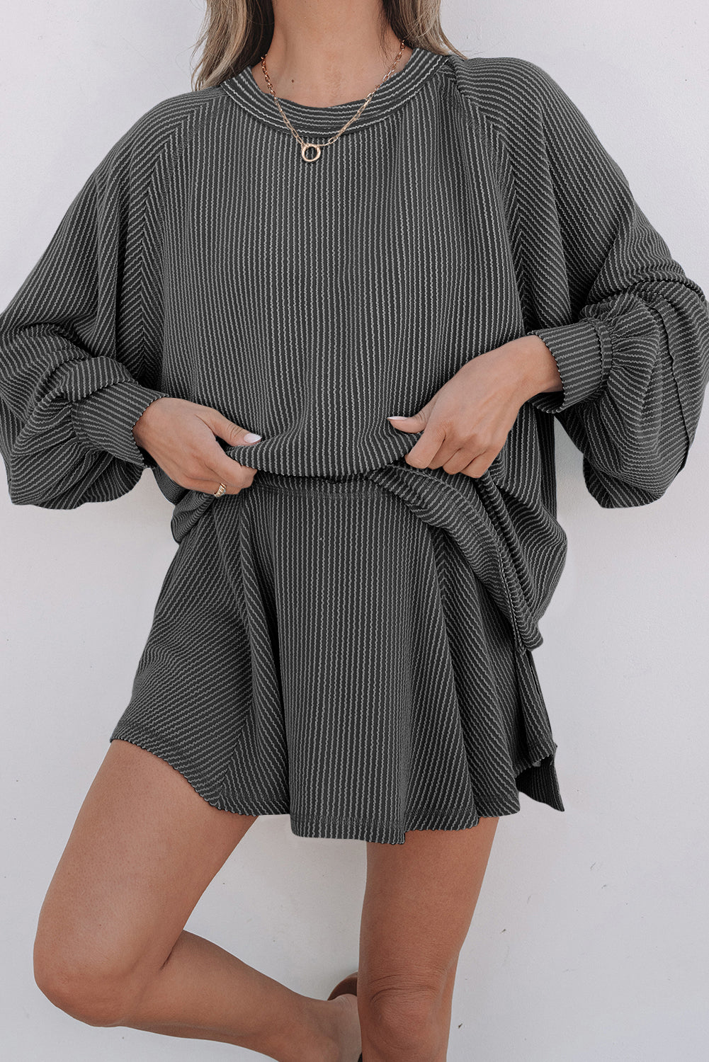 Dark Grey Corded Lantern Sleeve Top High Waist Ruffled Mini Skort Set