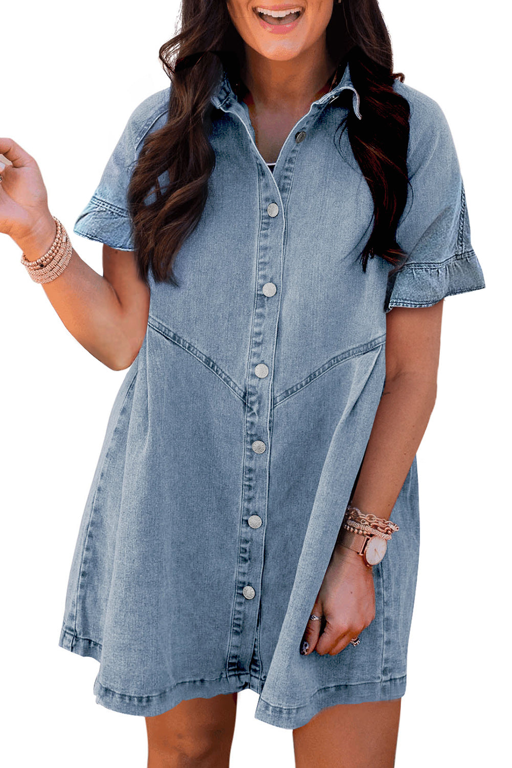 Dark Blue Short Sleeve Button Up Loose Denim Shirt Dress