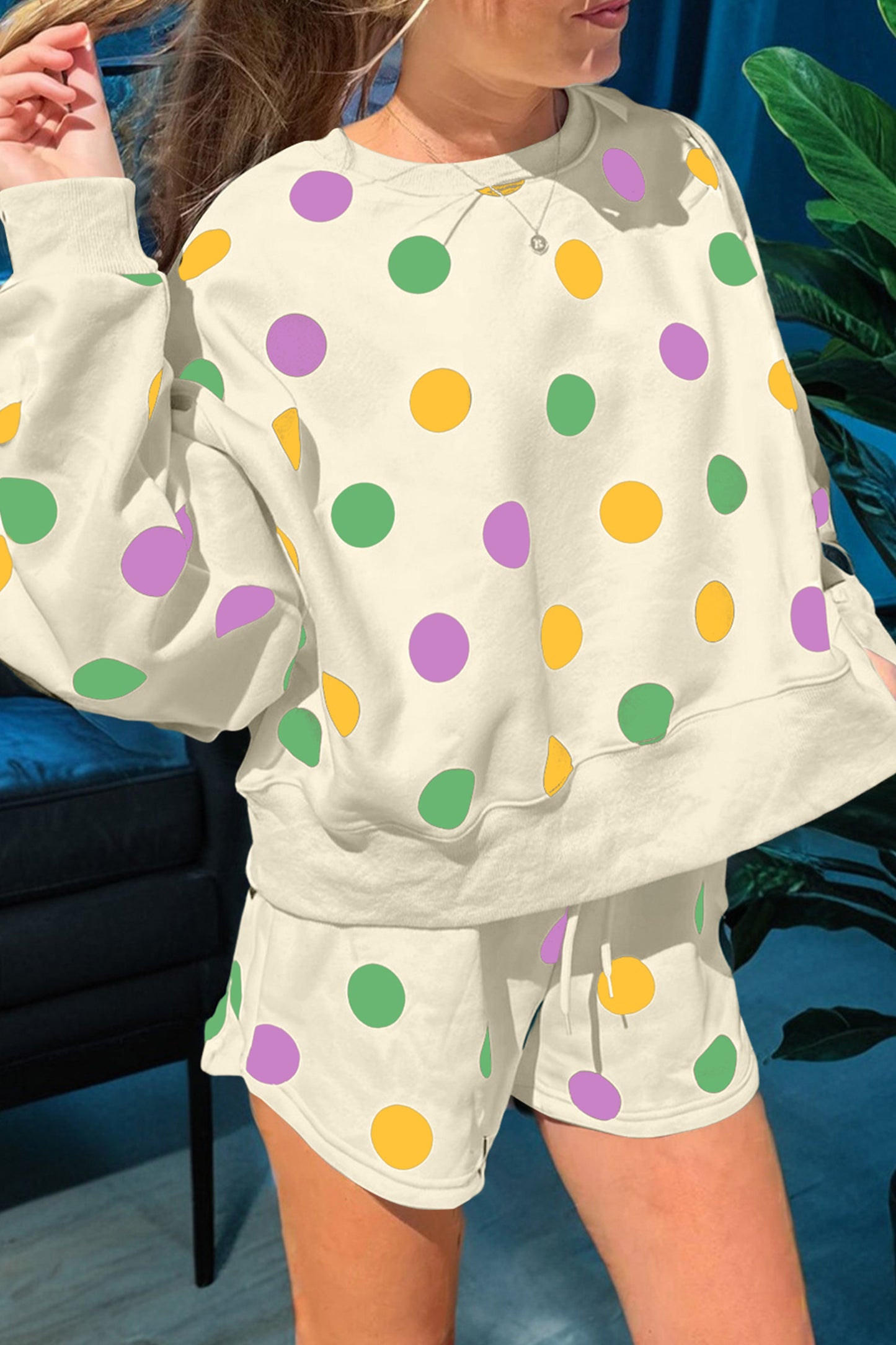Multicolour Polka Dot Print Drop Shoulder Pullover Drawstring Shorts Set