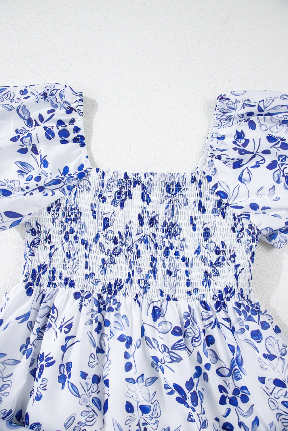 Sky Blue Floral Print Square Neck Bubble Sleeve High Waist Maxi Dress
