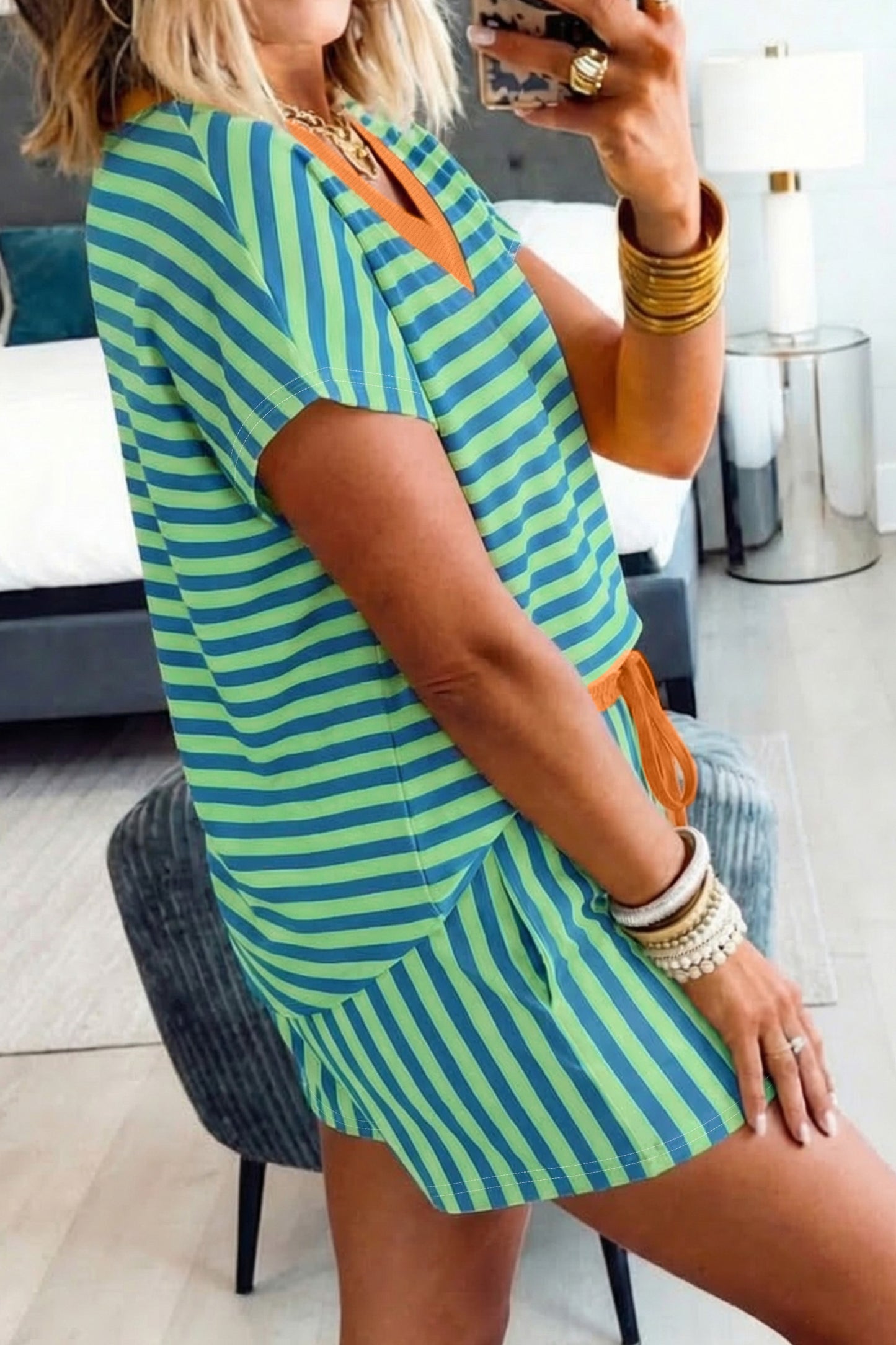 Yellow Stripe Colorblock Trim V Neck Tee Drawstring Elastic Waist Short Set