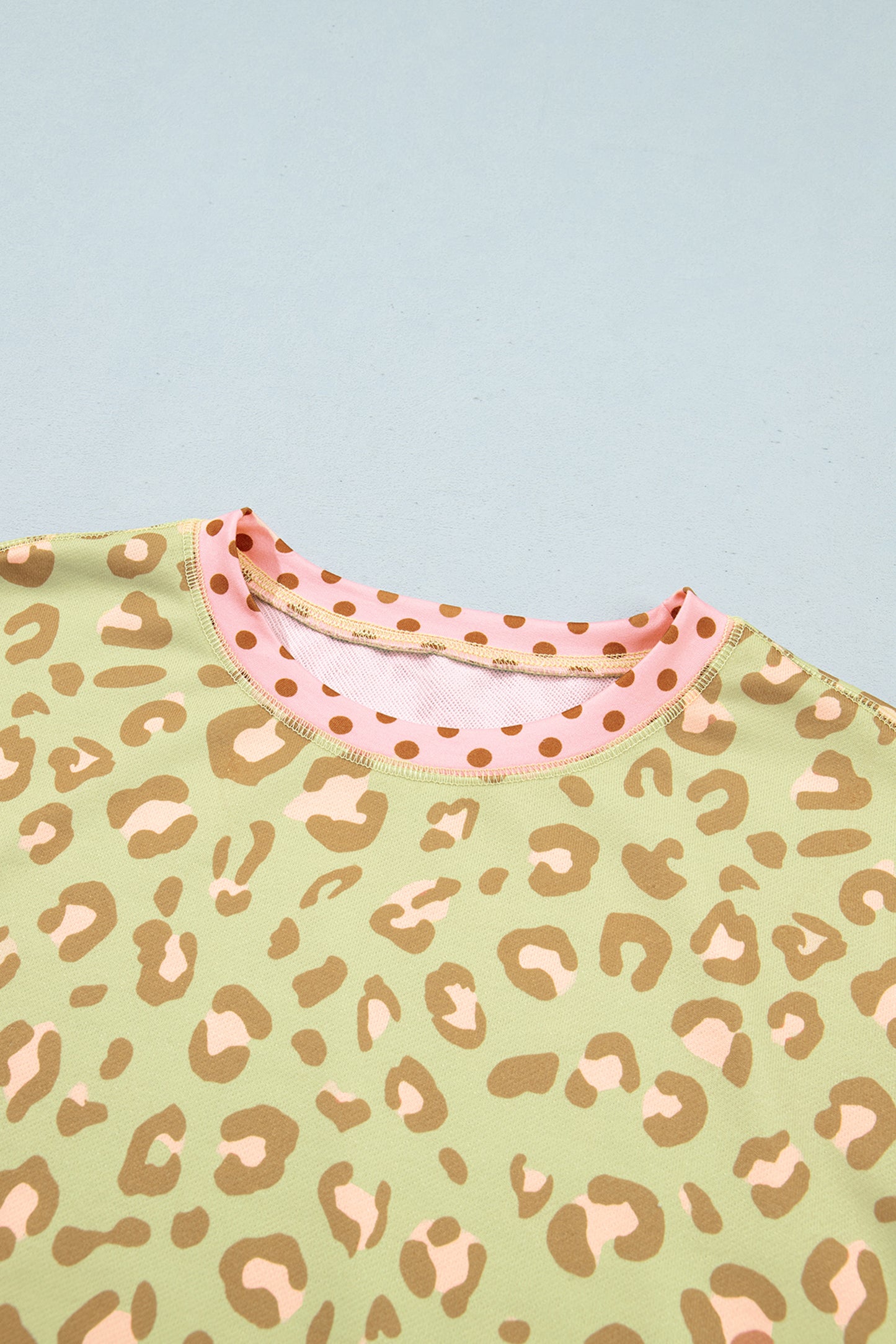 Khaki Leopard Polka Dot Colorblock Trim Long Sleeve Top
