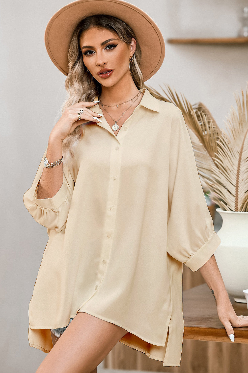 White Plain 3/4 Batwing Sleeve Oversize Button Up Blouse