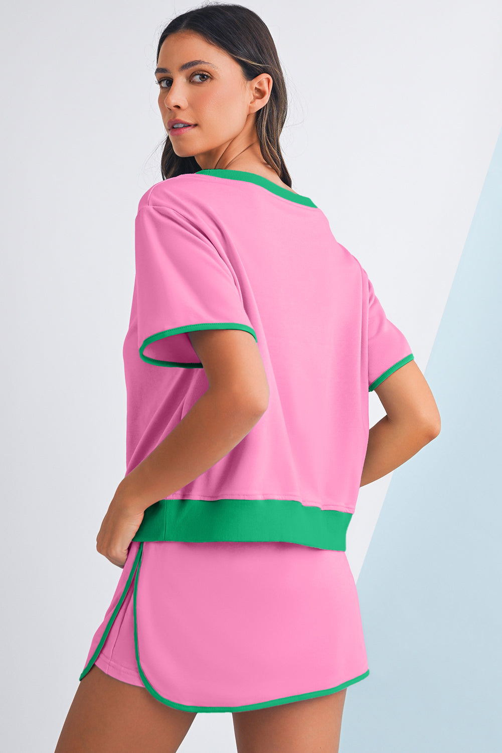 Moonlight Jade Colorblock Edge Drop Shoulder T Shirt and Skort 2Pcs Set