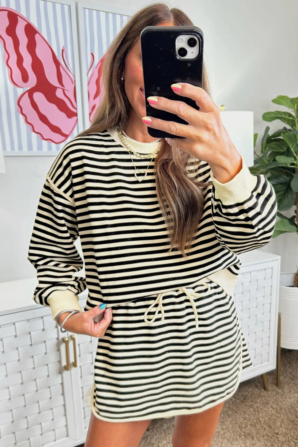 Black Stripe Textured Drop Shoulder Pullover Top Drawstring Mini Skort Two Piece Dress Set