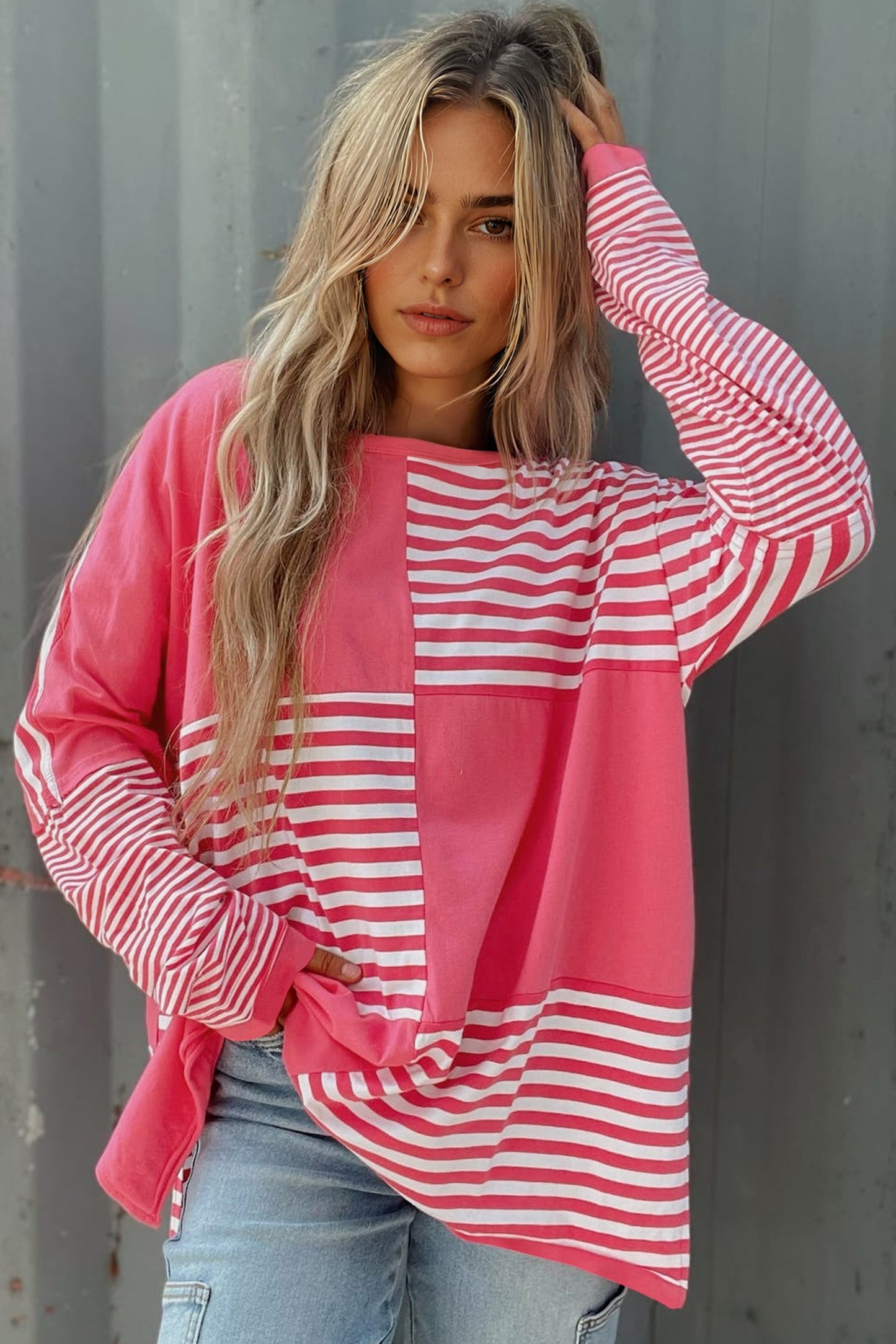 Pink Stripe Color Block Patchwork Drop Shoulder Long Sleeve Tunic Top
