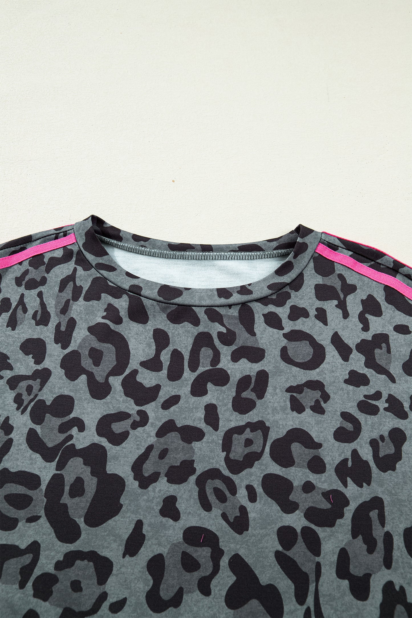 Gray Leopard Print Varsity Striped Trim Long Sleeve Top