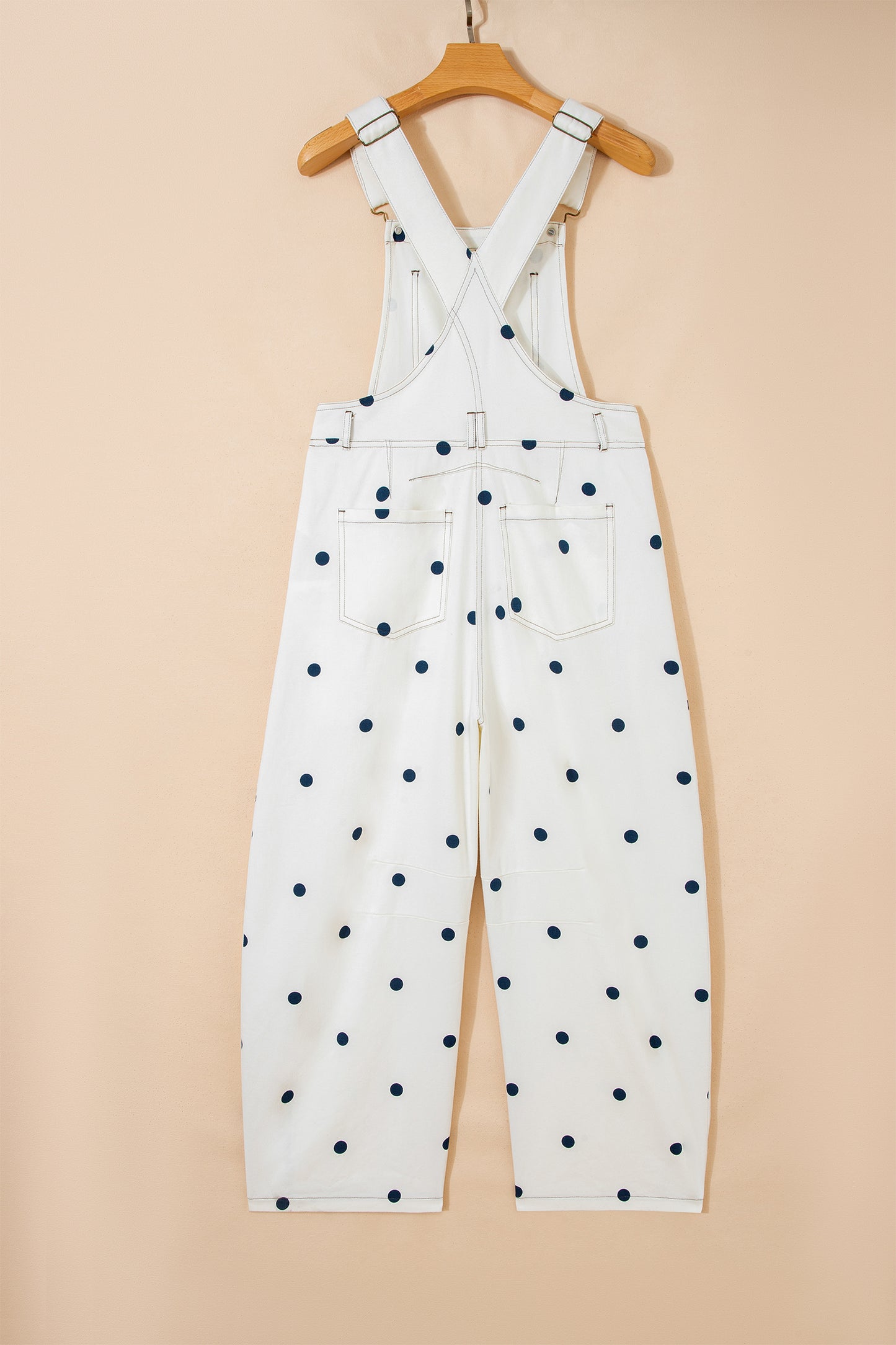 Light French Beige Polka Dot Print Bib Pocket Denim Barrel Overalls Jumpsuit