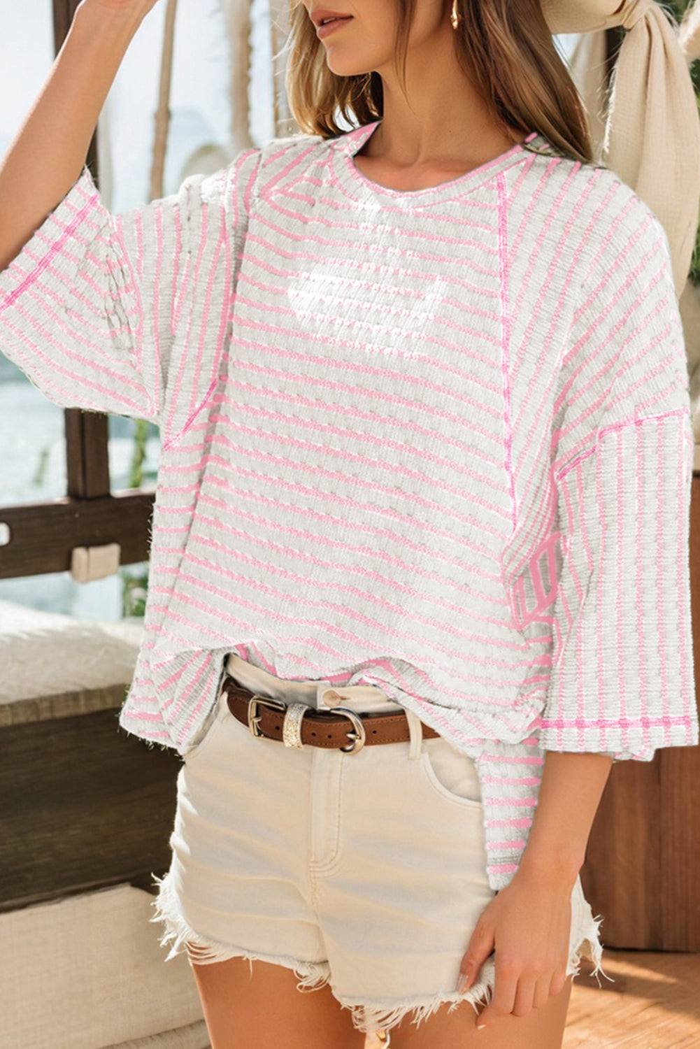 Pink Stripe Textured Knit Split Hem Half Sleeve Loose Top