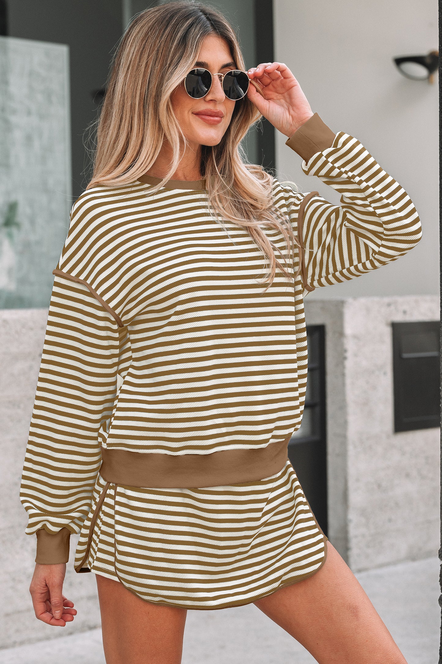 Brown Stripe Textured Drop Shoulder Pullover Top Drawstring Mini Skort Two Piece Dress Set