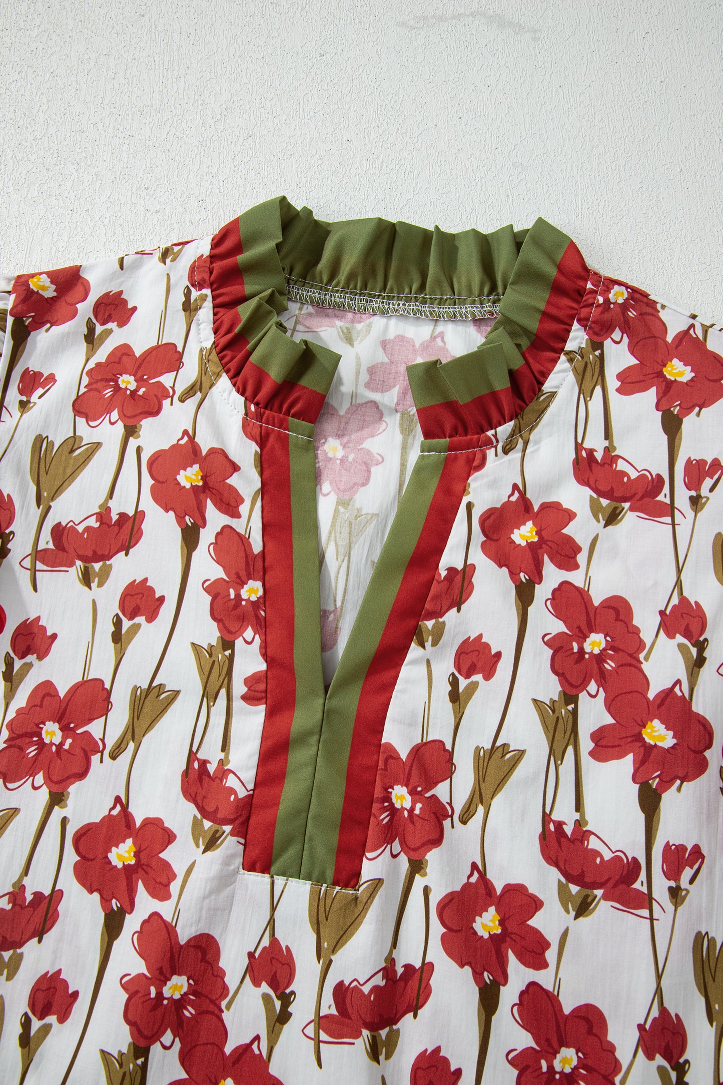 Red Floral Print Contrast Trim V Neck Double Ruffled Short Sleeve Blouse