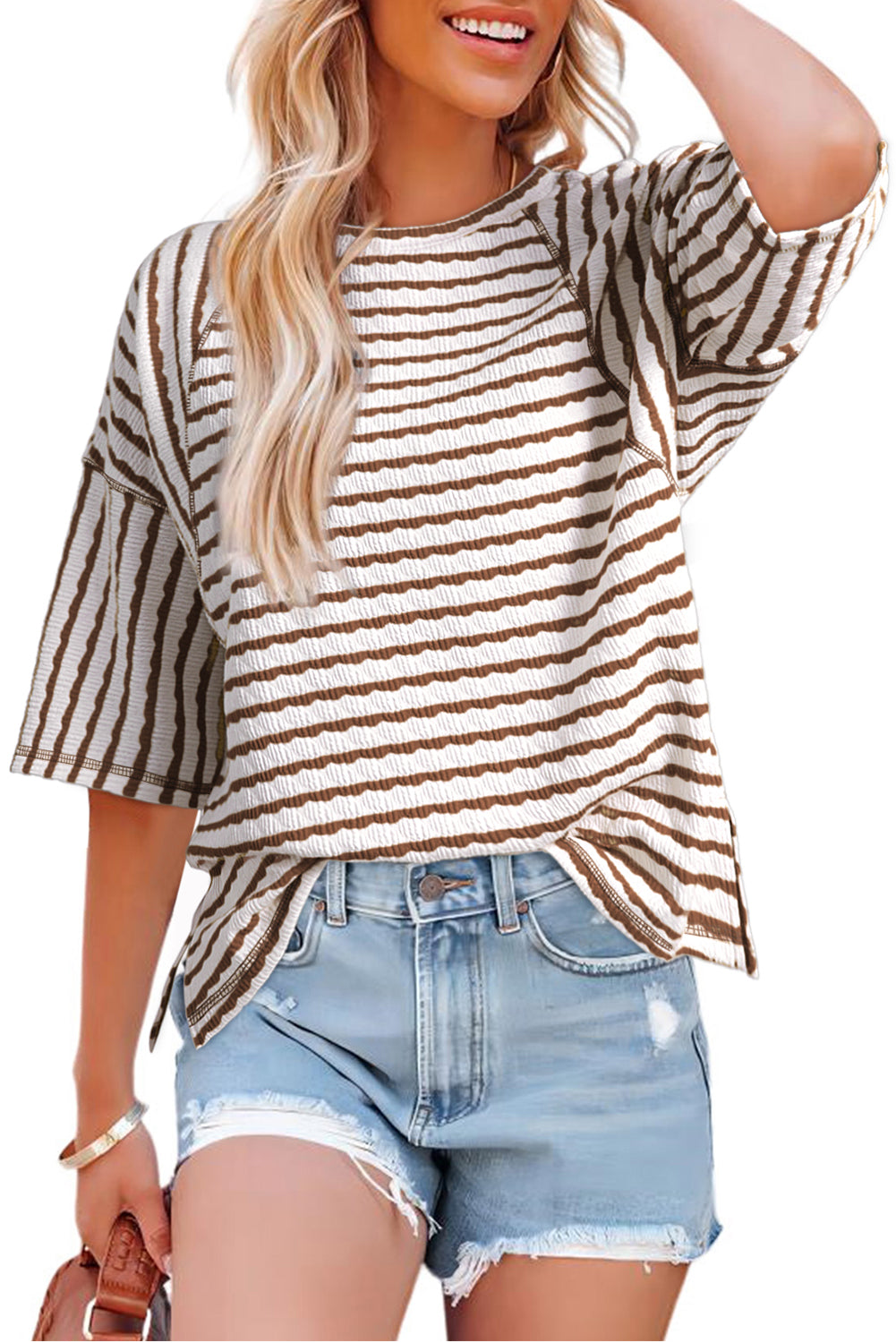 Blue Stripe Textured Knit Split Hem Half Sleeve Loose Top