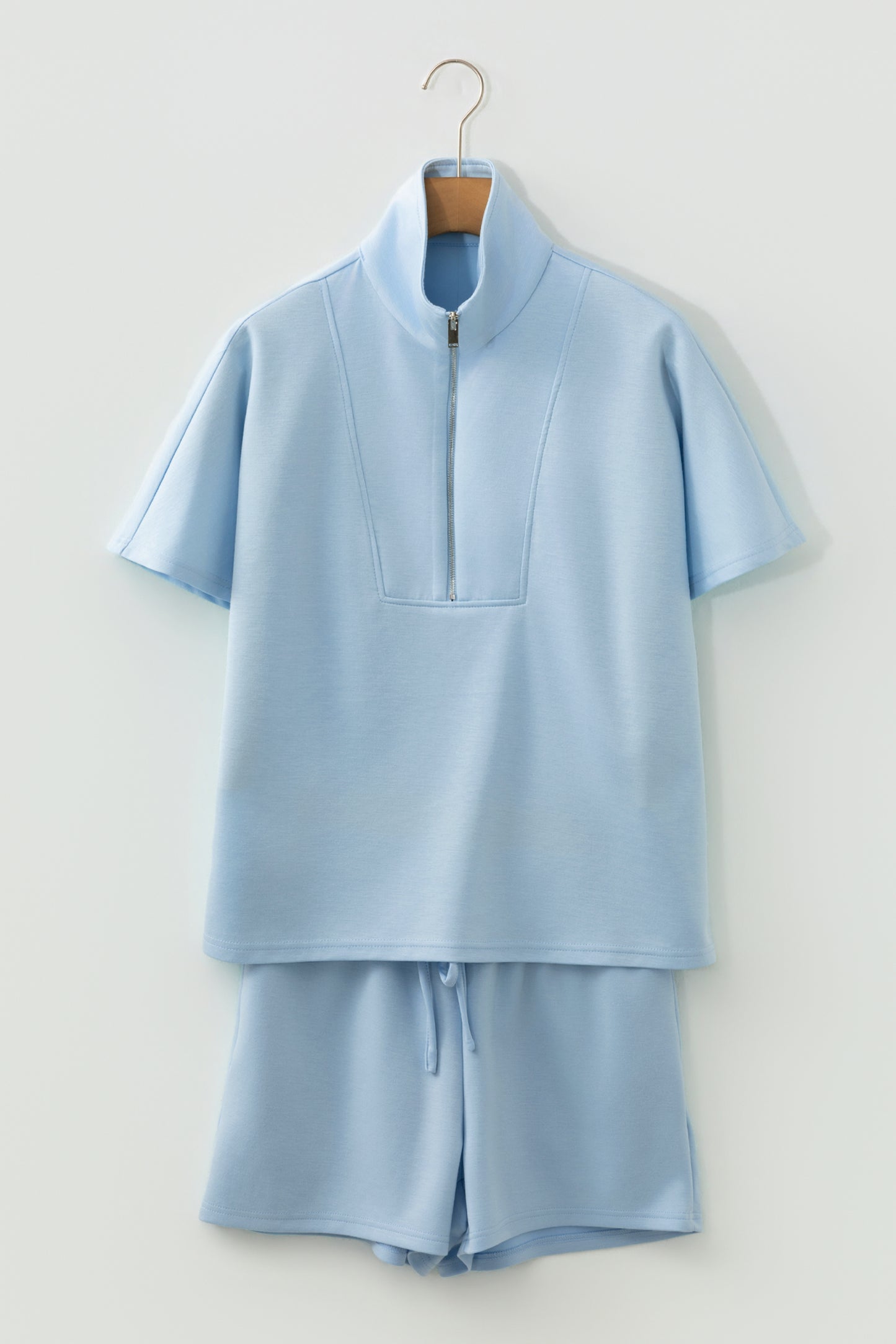 Beau Blue Solid Color Half Zip Loose Short Sleeve Sweatshirt 2pcs Set