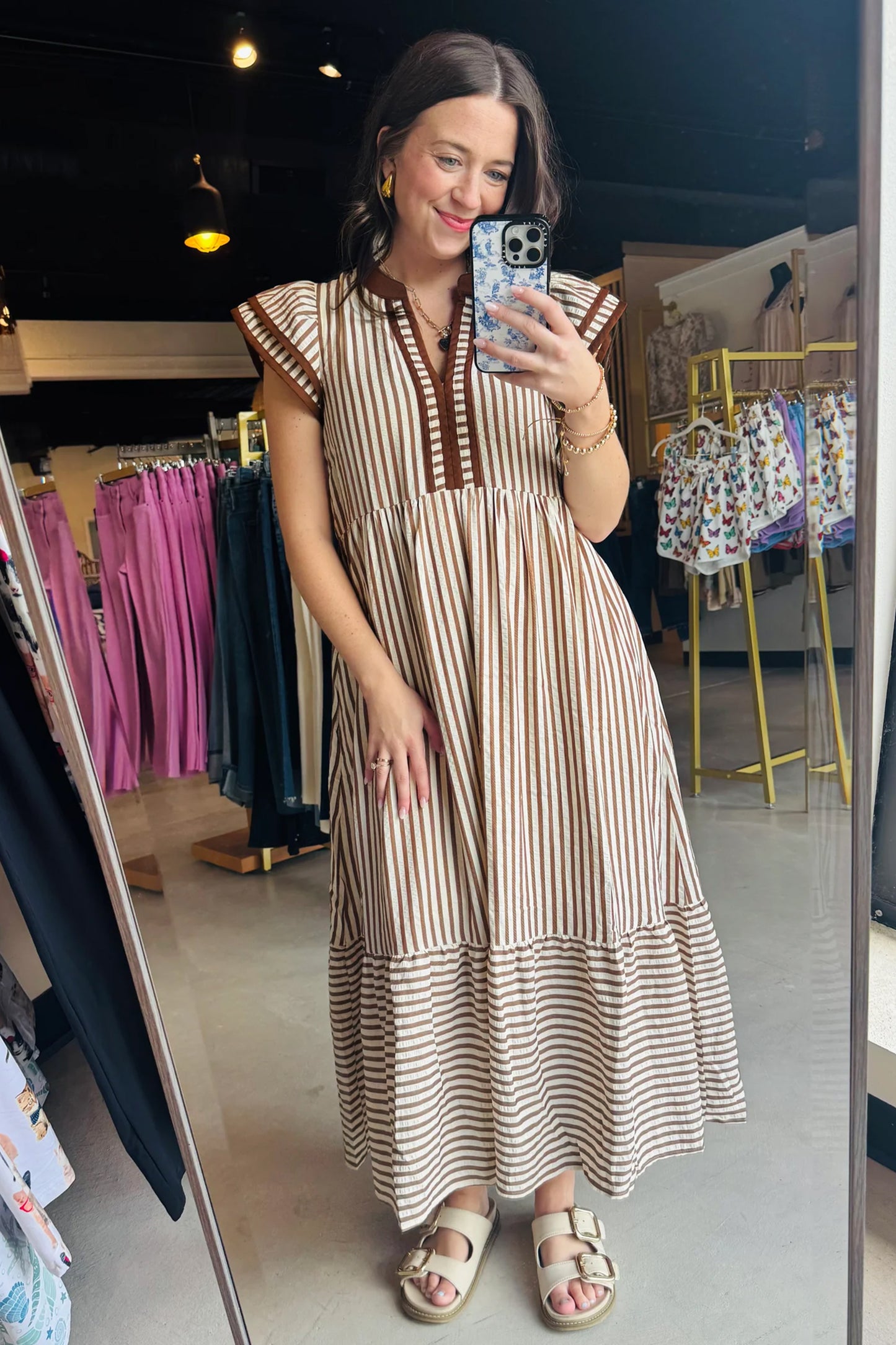 Black Stripe Plus Size Slit V Neck Tiered Flutter Sleeve Maxi Dress