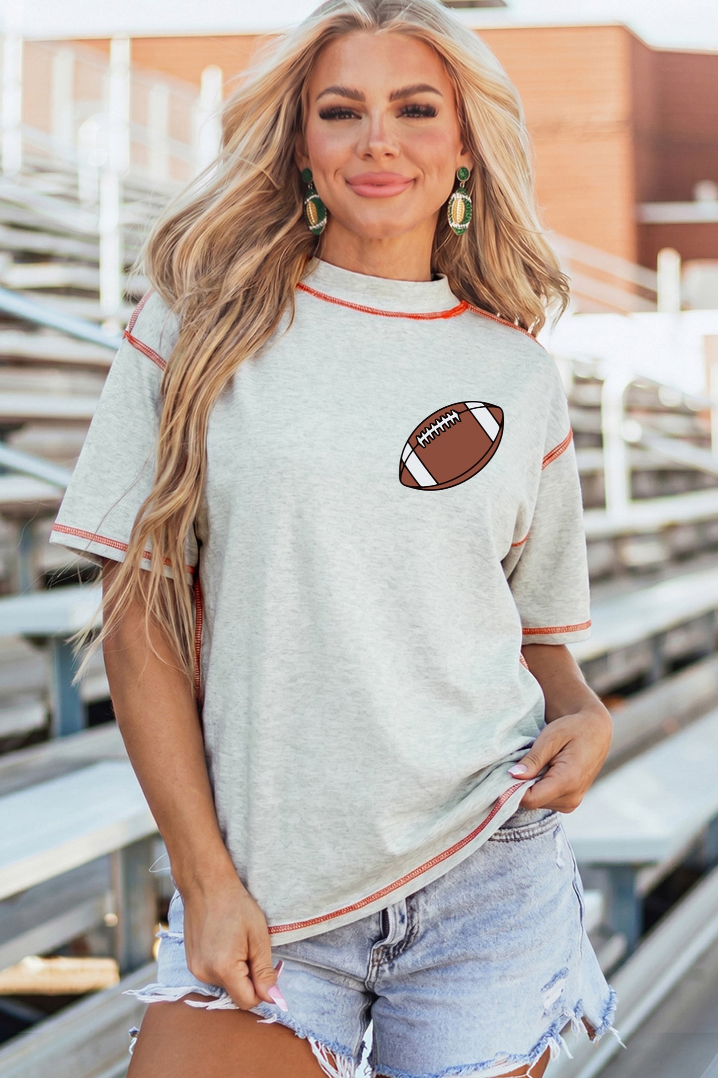 Light Grey Rugby/ Game Day Double Side Printed Mock Neck Stitched T Shirt