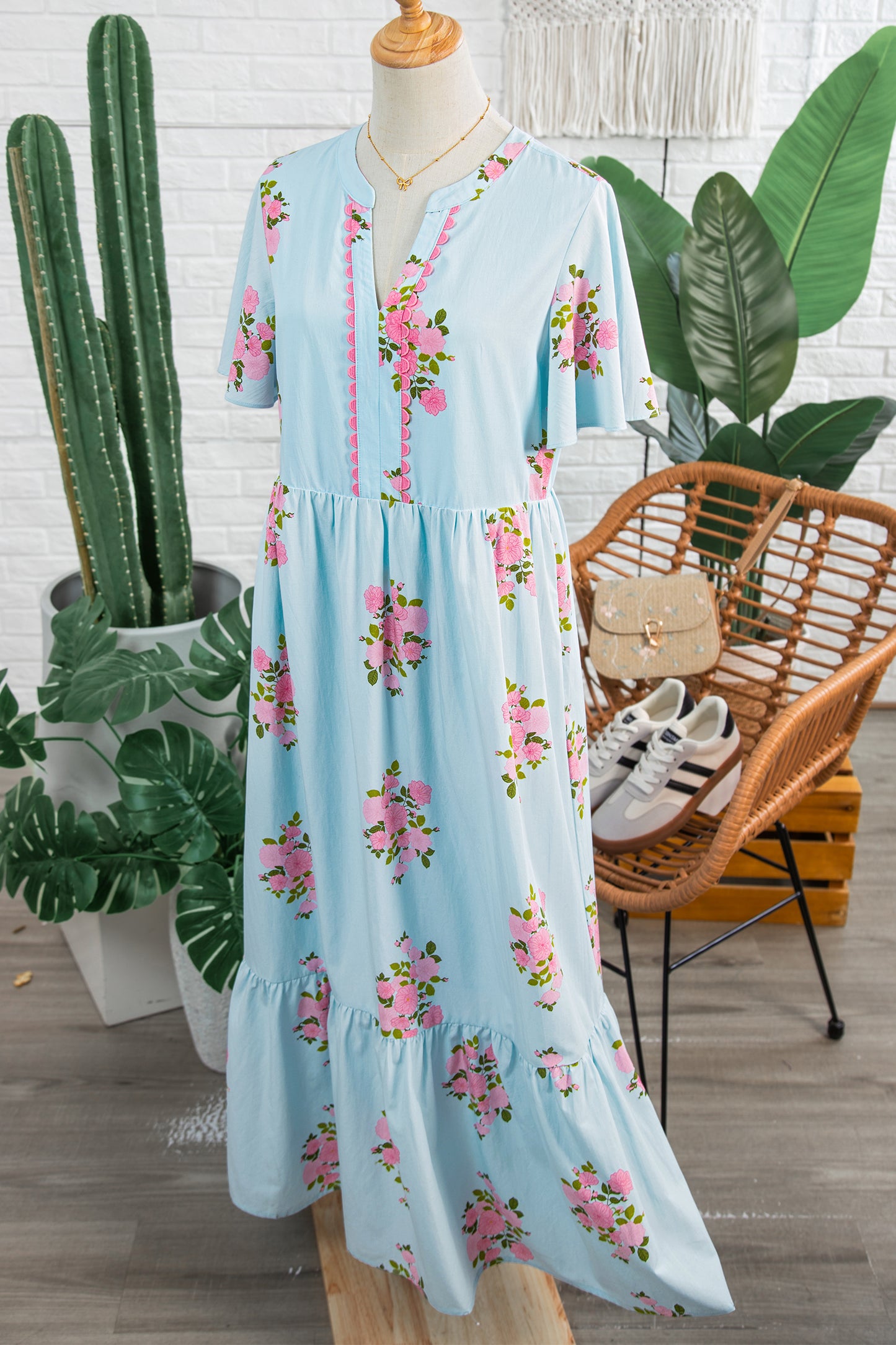 Pink Notched Neck Flutter Short Sleeve Floral Print Maxi Dress