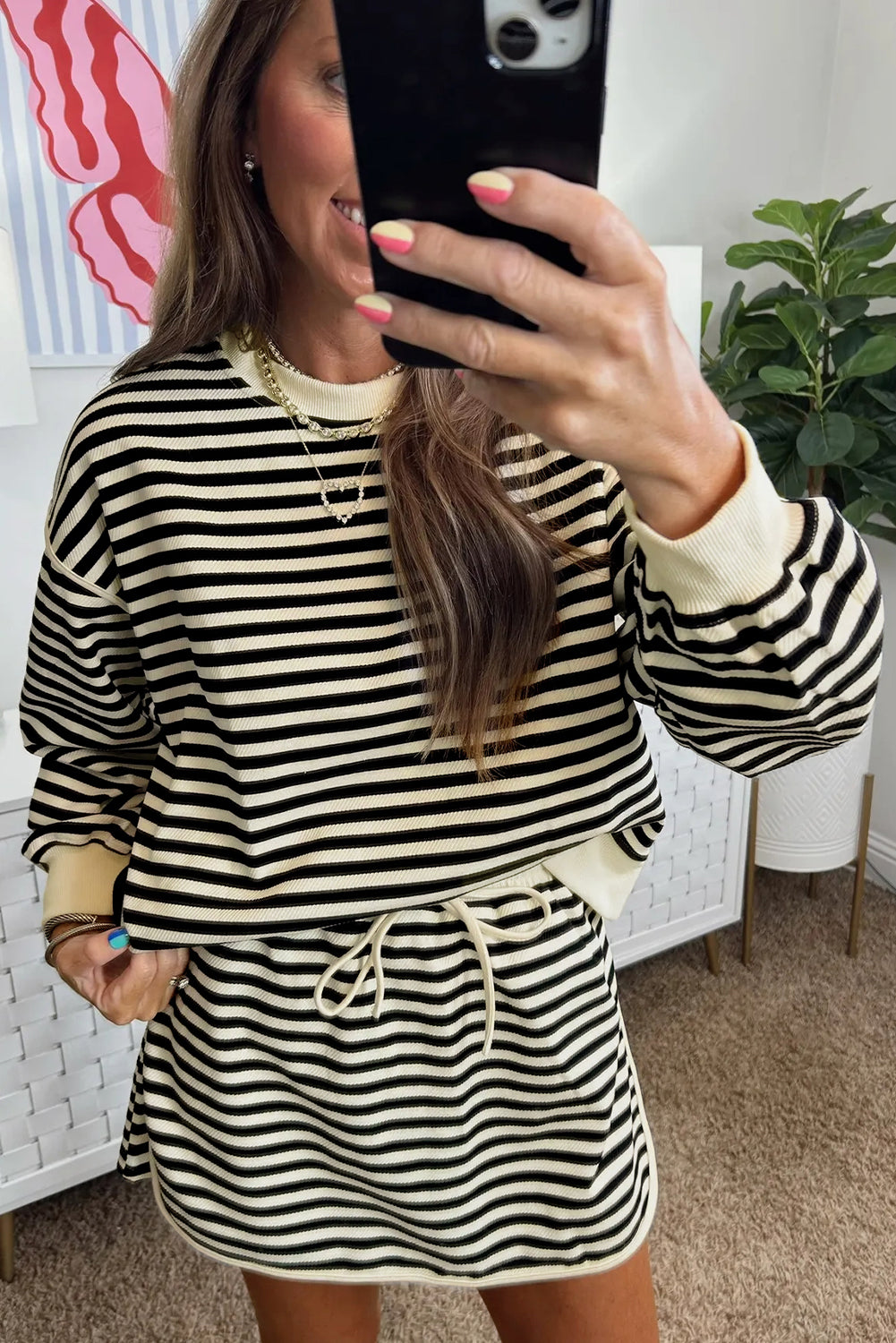 Black Stripe Textured Drop Shoulder Pullover Top Drawstring Mini Skort Two Piece Dress Set