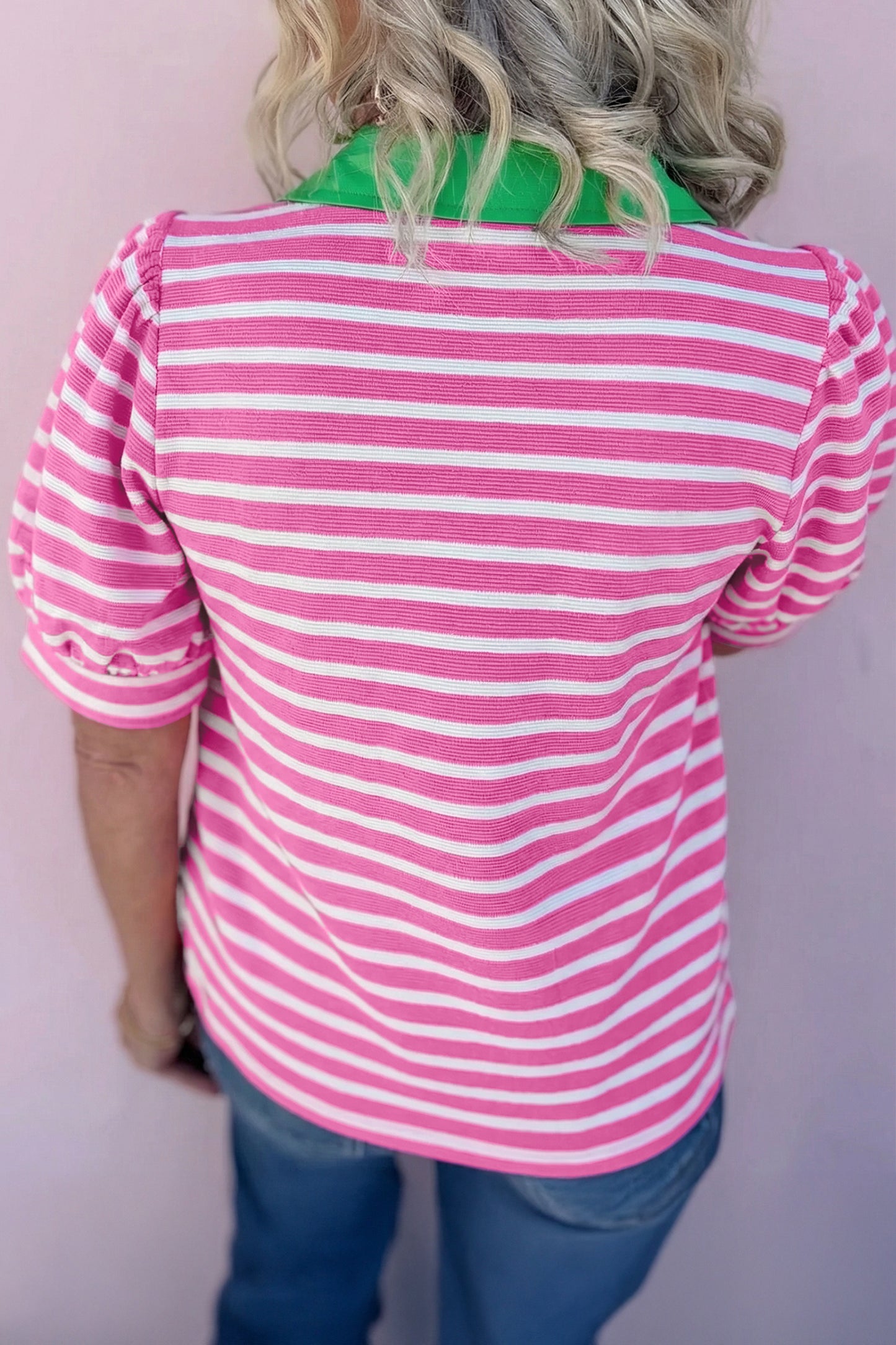 Blue Stripe Short Puff Sleeve Color Block Polo Collar Blouse