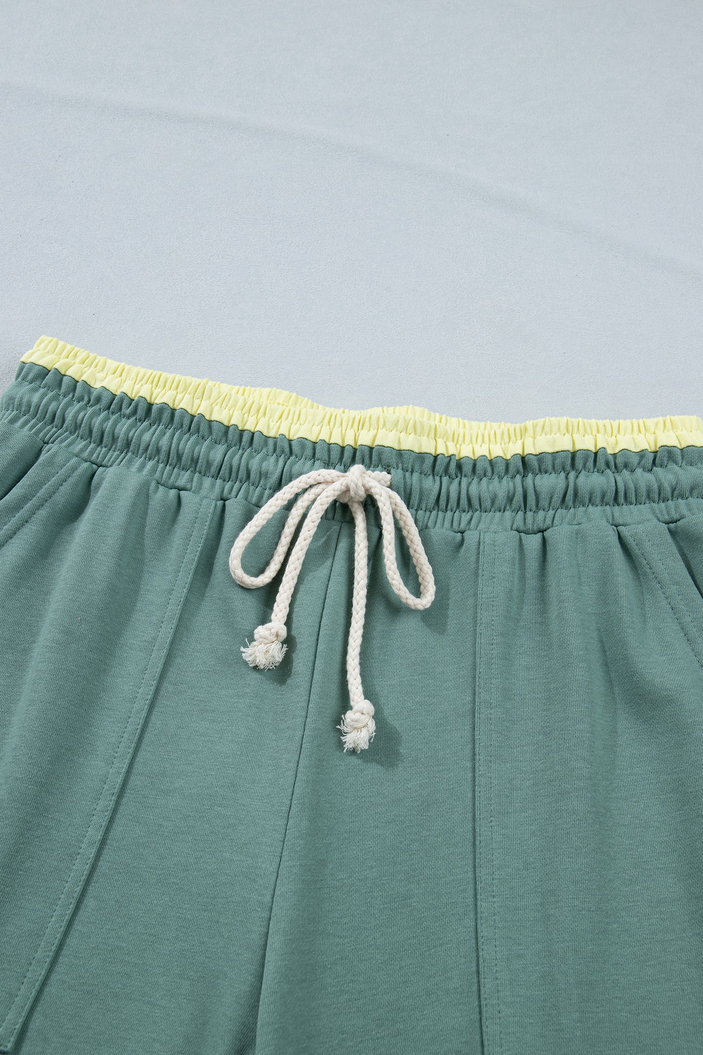 Sea Green Color Block Flower Patchwork Drawstring Contrasted Elastic Waist Wide Leg Pants