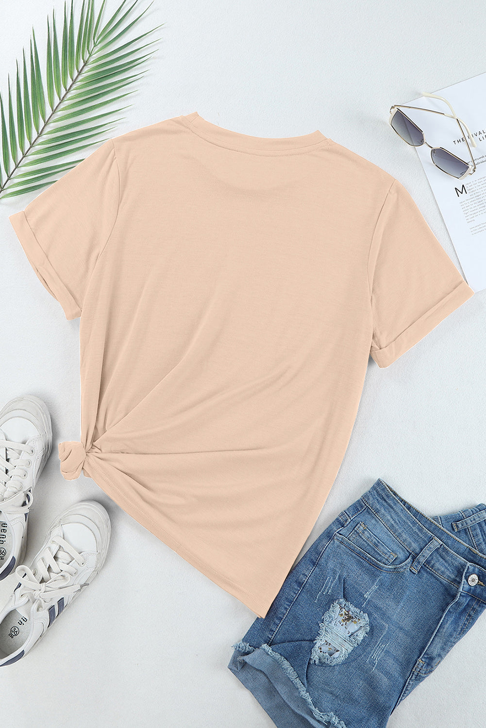 Sachet Pink Solid Color Basic Crew Neck Plain Tee