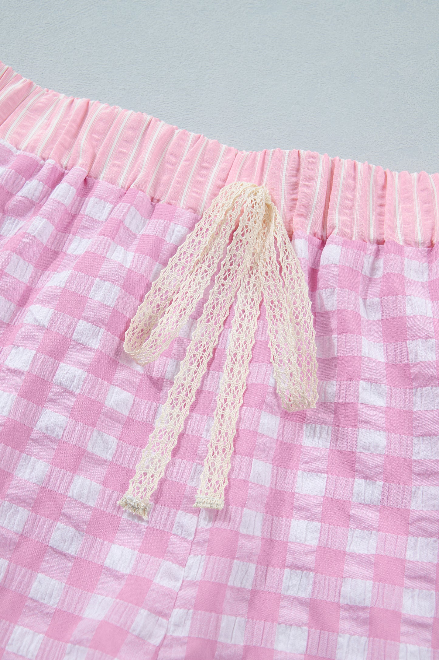 Red Gingham Print Ruffle Striped Detail Lace Tie Shorts