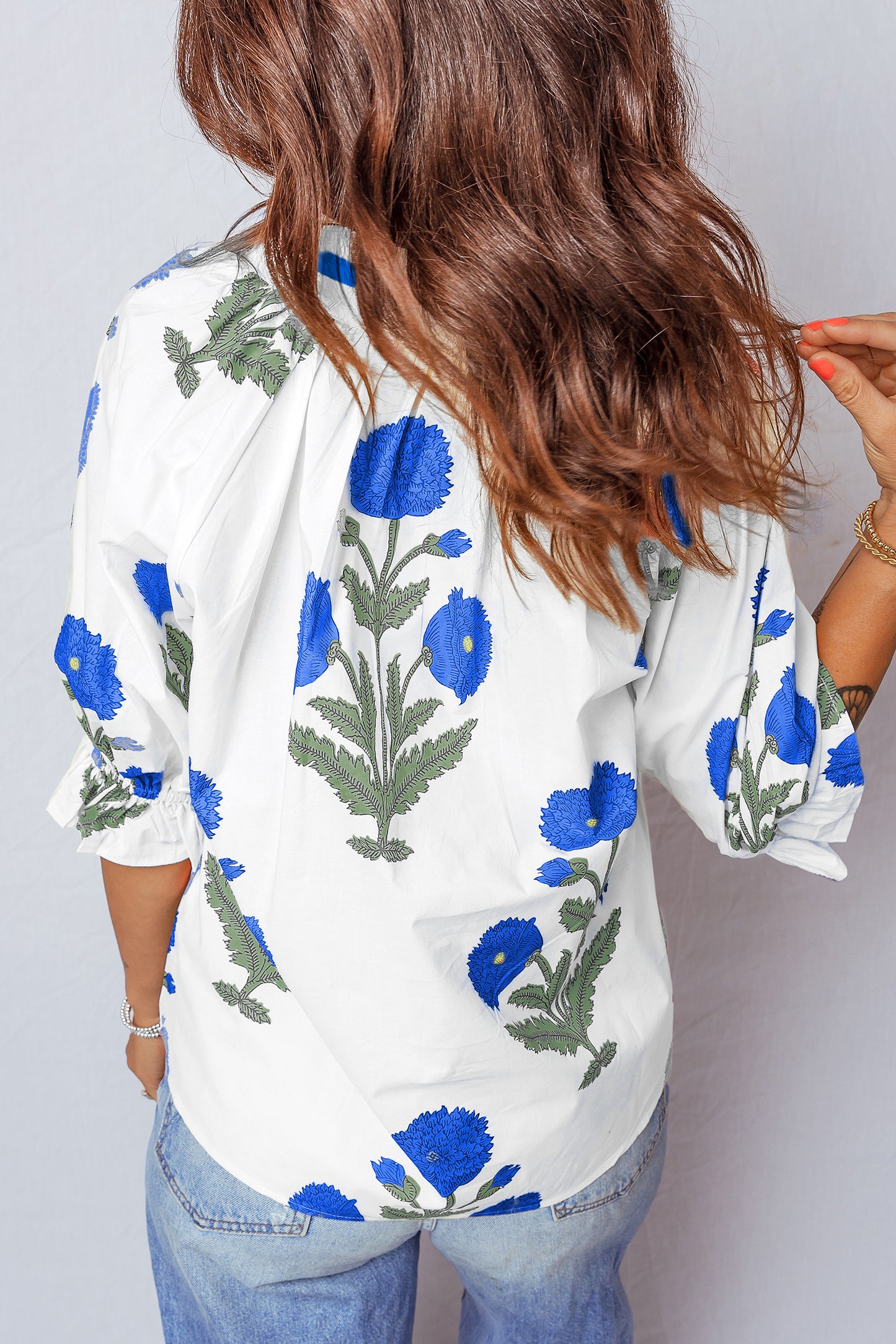 Green Casual Wild Flower Print V Neck 3/4 Sleeve Blouse