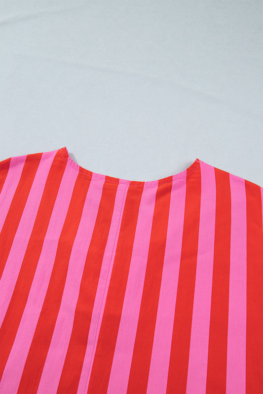 Red Stripe V Neck Cuffed Sleeve Relaxed Split Midi Dress