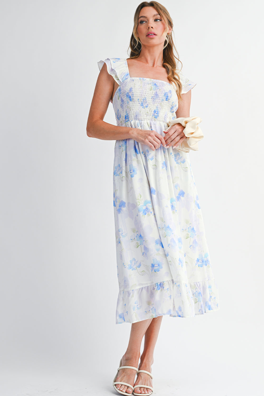Sky Blue Floral Smocked High Waist Ruffle Sleeveless Long Dress