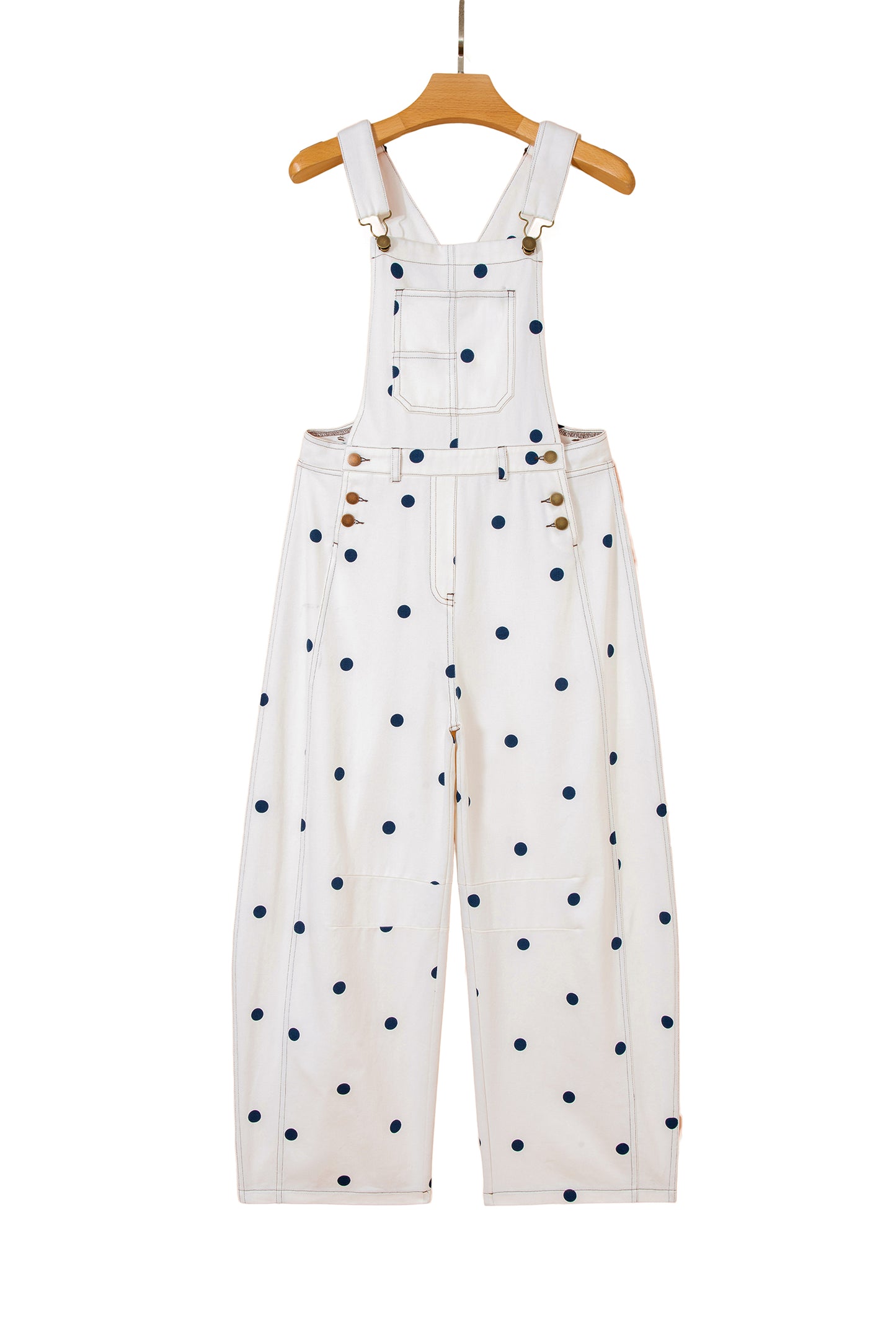Light French Beige Polka Dot Print Bib Pocket Denim Barrel Overalls Jumpsuit