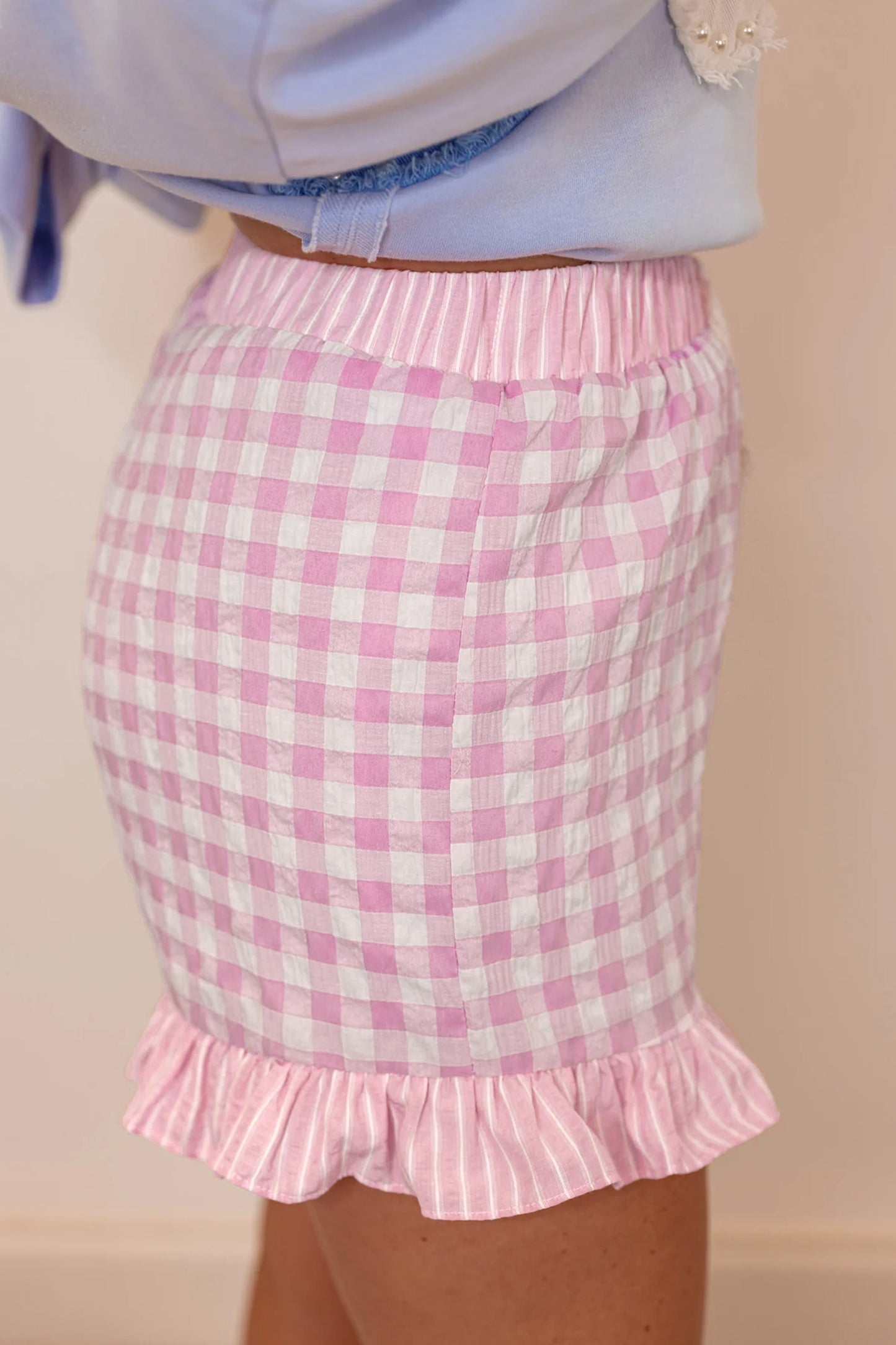 Red Gingham Print Ruffle Striped Detail Lace Tie Shorts