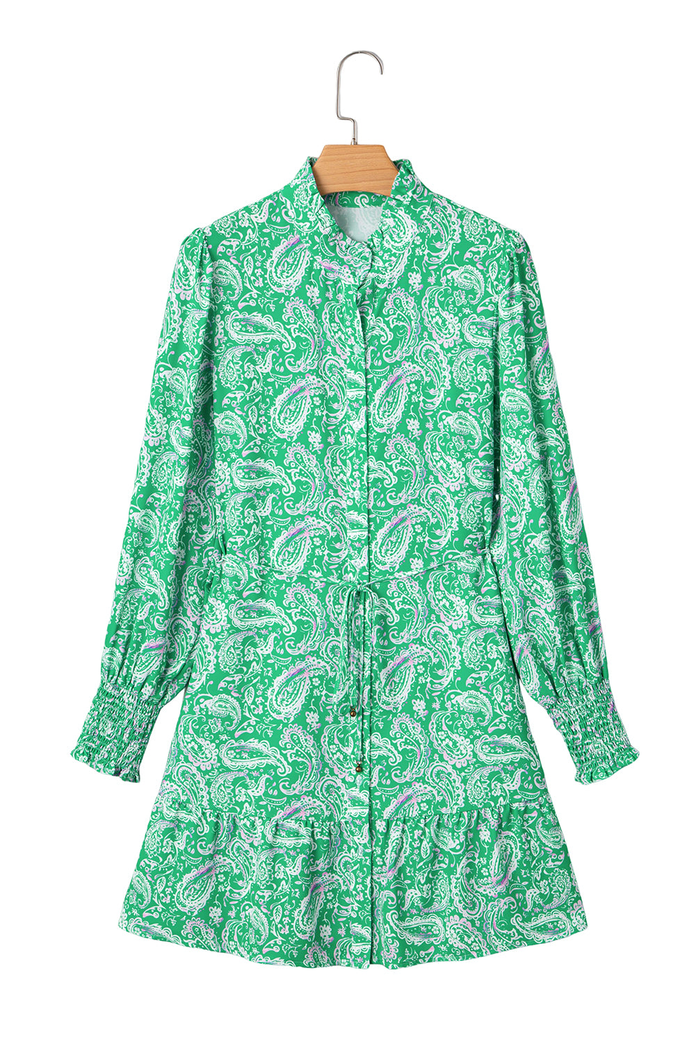 Green Paisley Print Long Sleeve Button Front Tied Waist Mini Dress