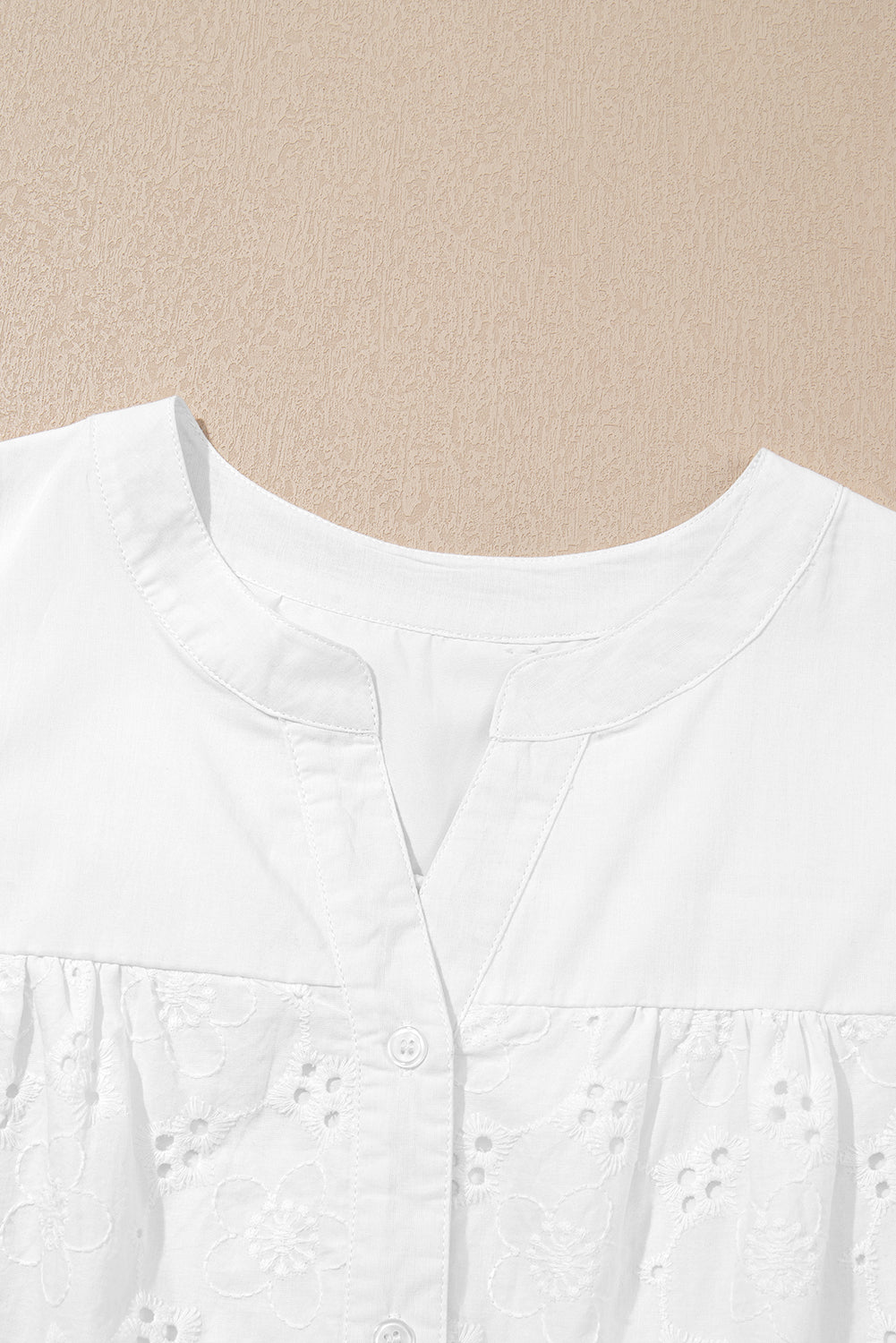 White Lace Crochet V Neck Half Sleeve Embroidery Button Down Blouses Casual Shirts