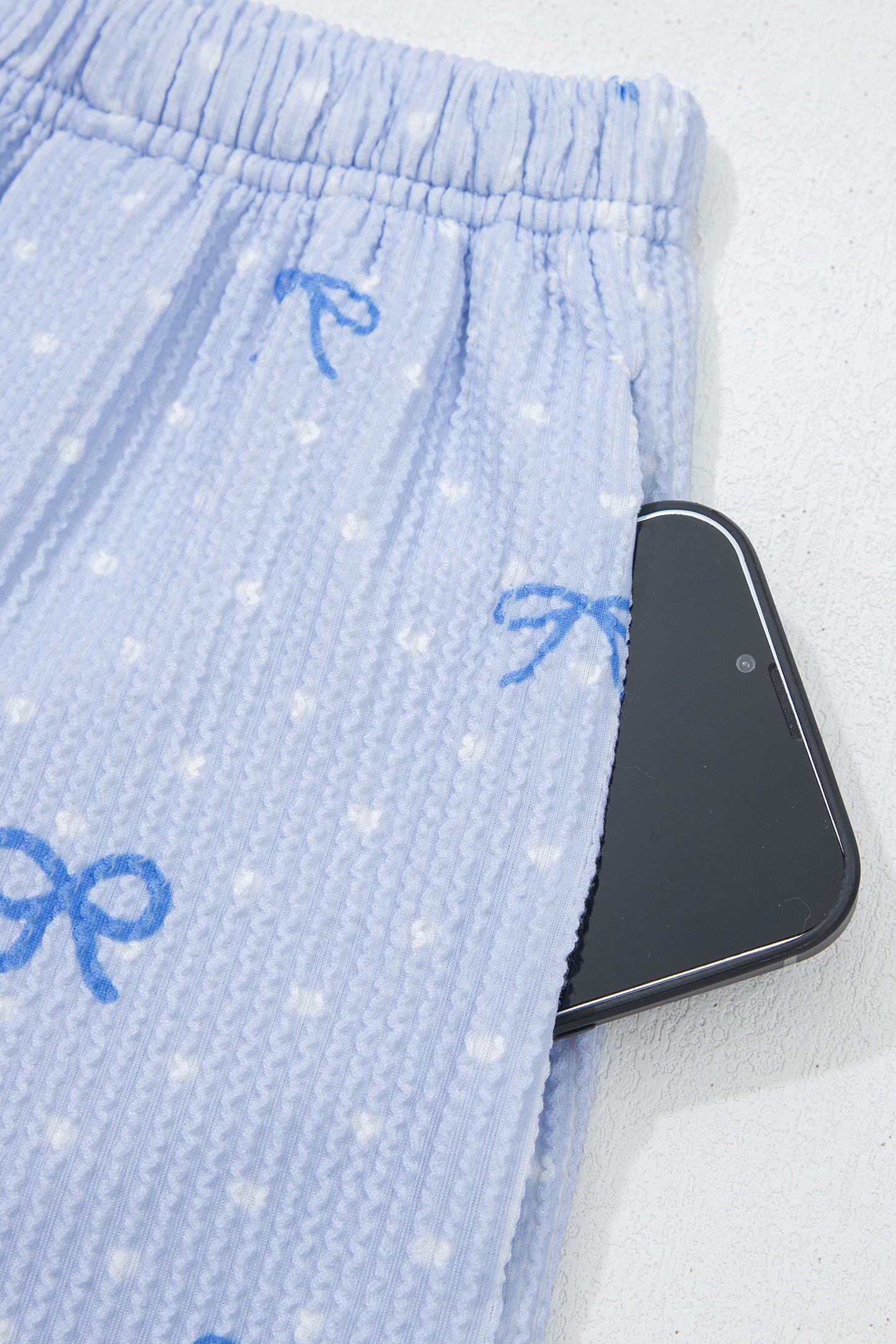 Sky Blue Valentines Bow Print Twisted Rib Loose Long Sleeve Top 2pcs Short Set