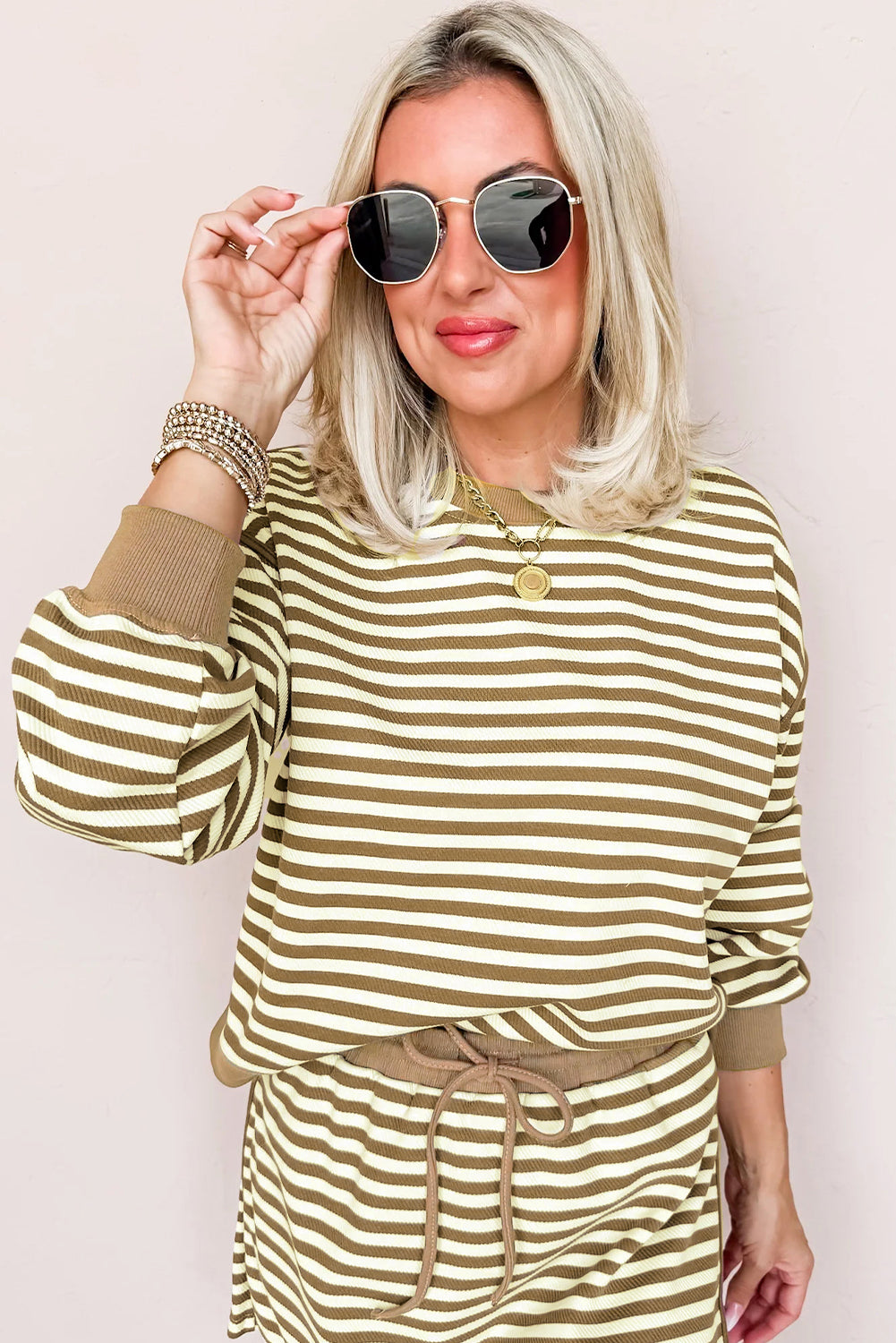 Black Stripe Textured Drop Shoulder Pullover Top Drawstring Mini Skort Two Piece Dress Set