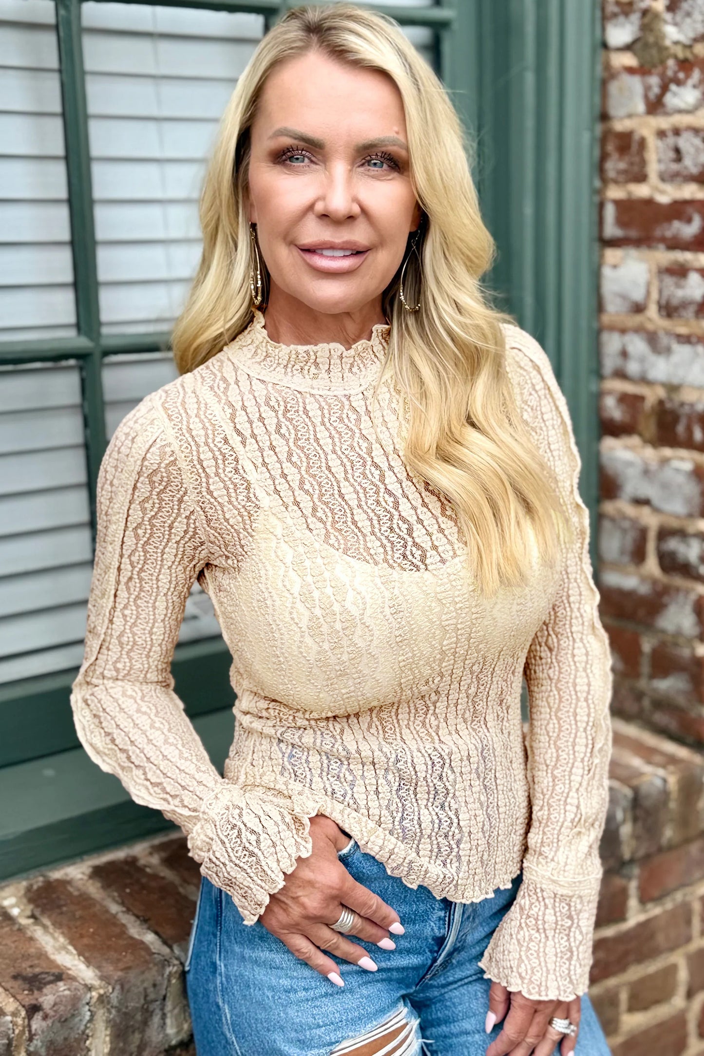 Light Pink Flounced Long Sleeve Mock Neck Sheer Lace Top