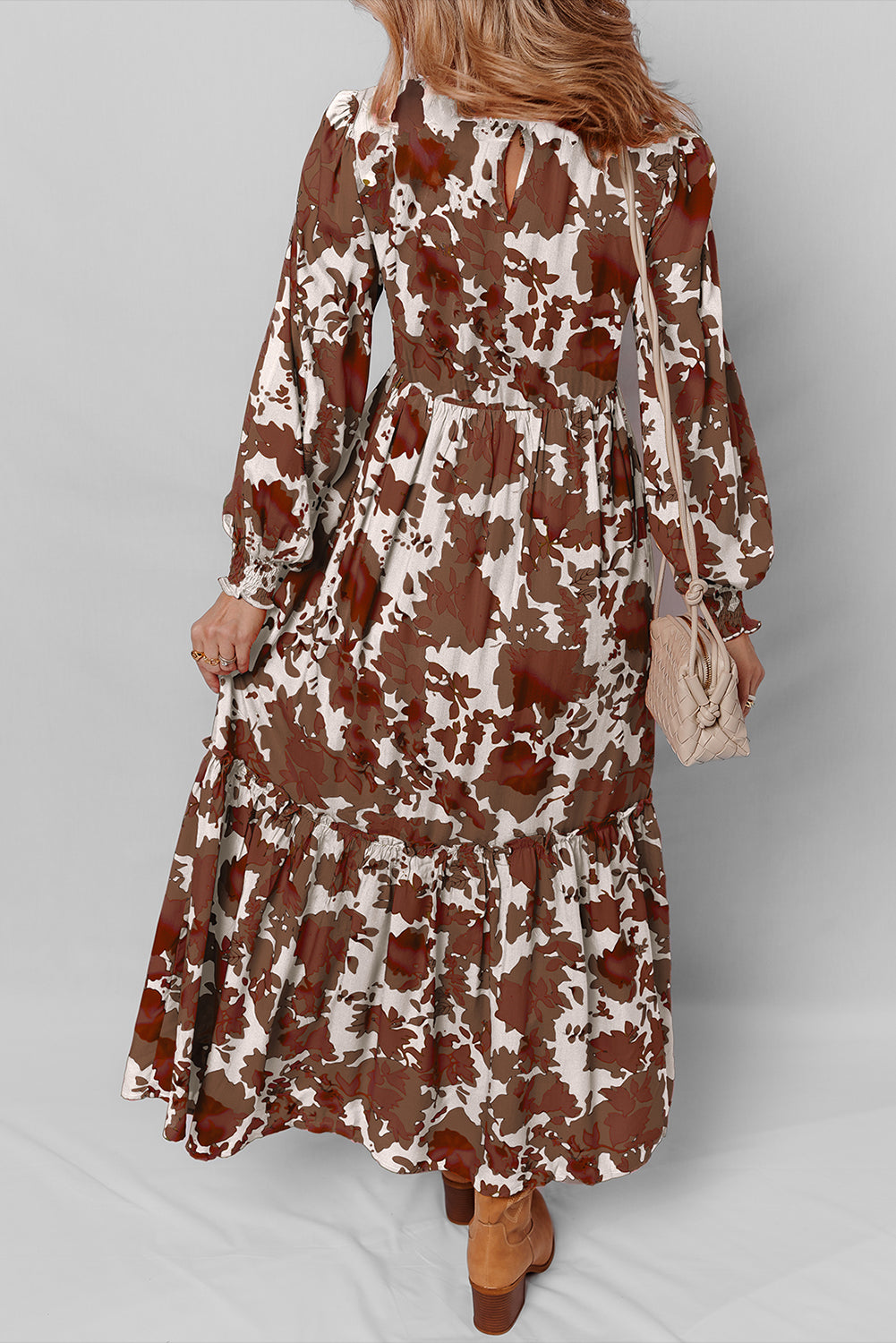 Orange Floral Puff Sleeve Smocked Bodice Ruffled Long Dress