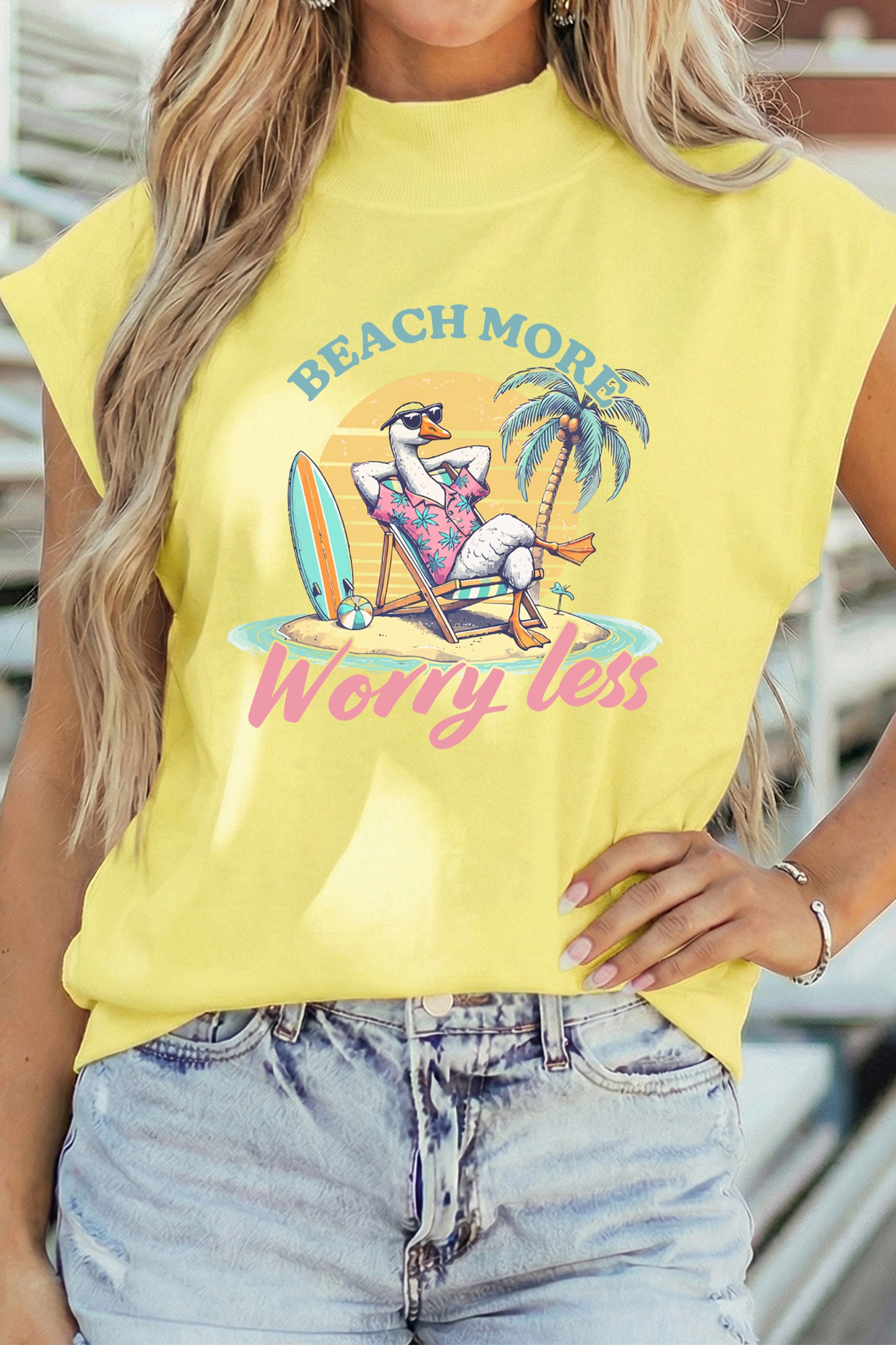 Yellow Beach More Worry Less Graphic Mock Neck Tee